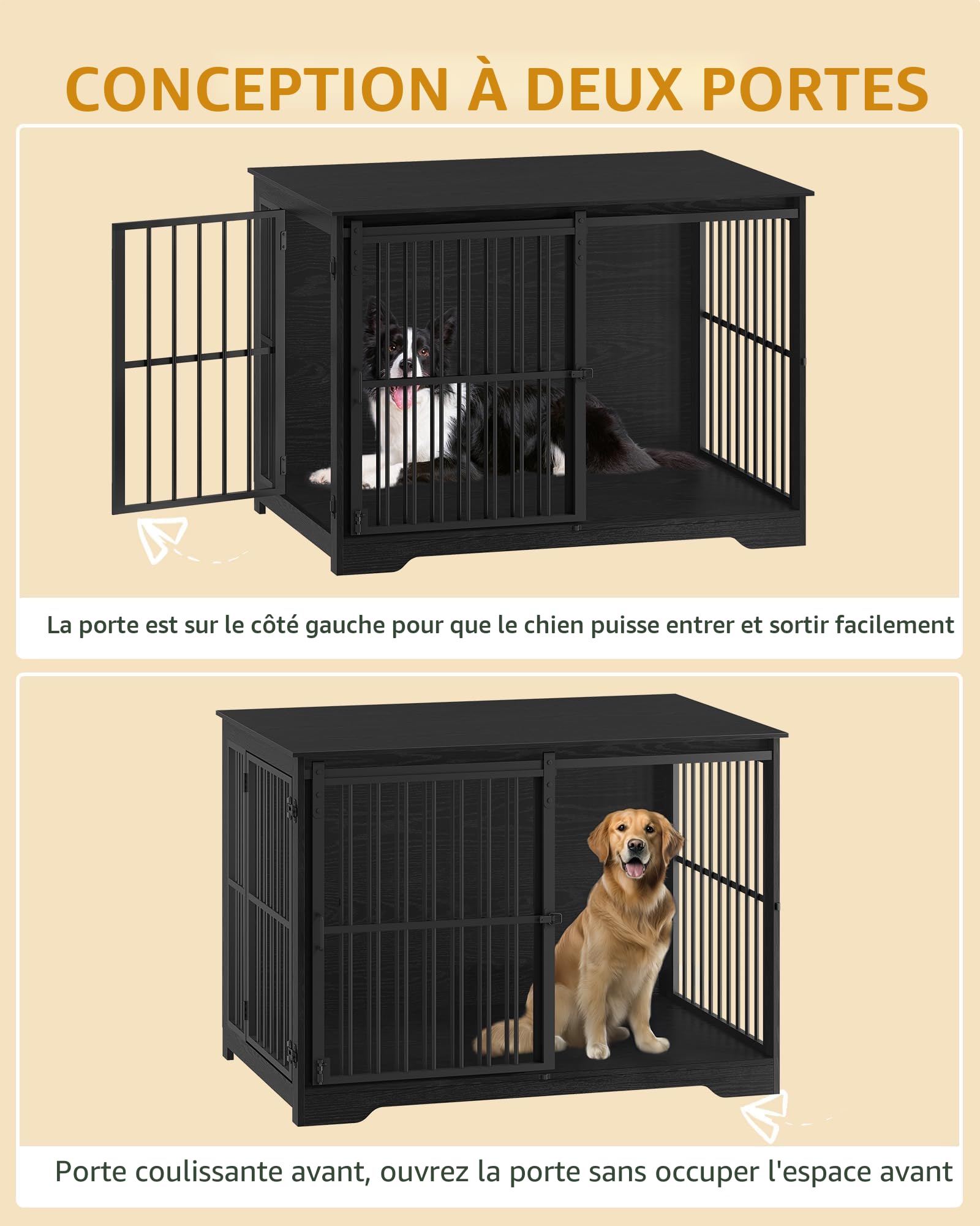 Hzuaneri 110cm Cage pour Chiens, Table d’Appoint, Niche Moderne pour Chiens, Cage pour Chiots, Maisonnette pour Animaux, 2 Portes, 110 × 65 × 81 cm, Noire DFC84404B