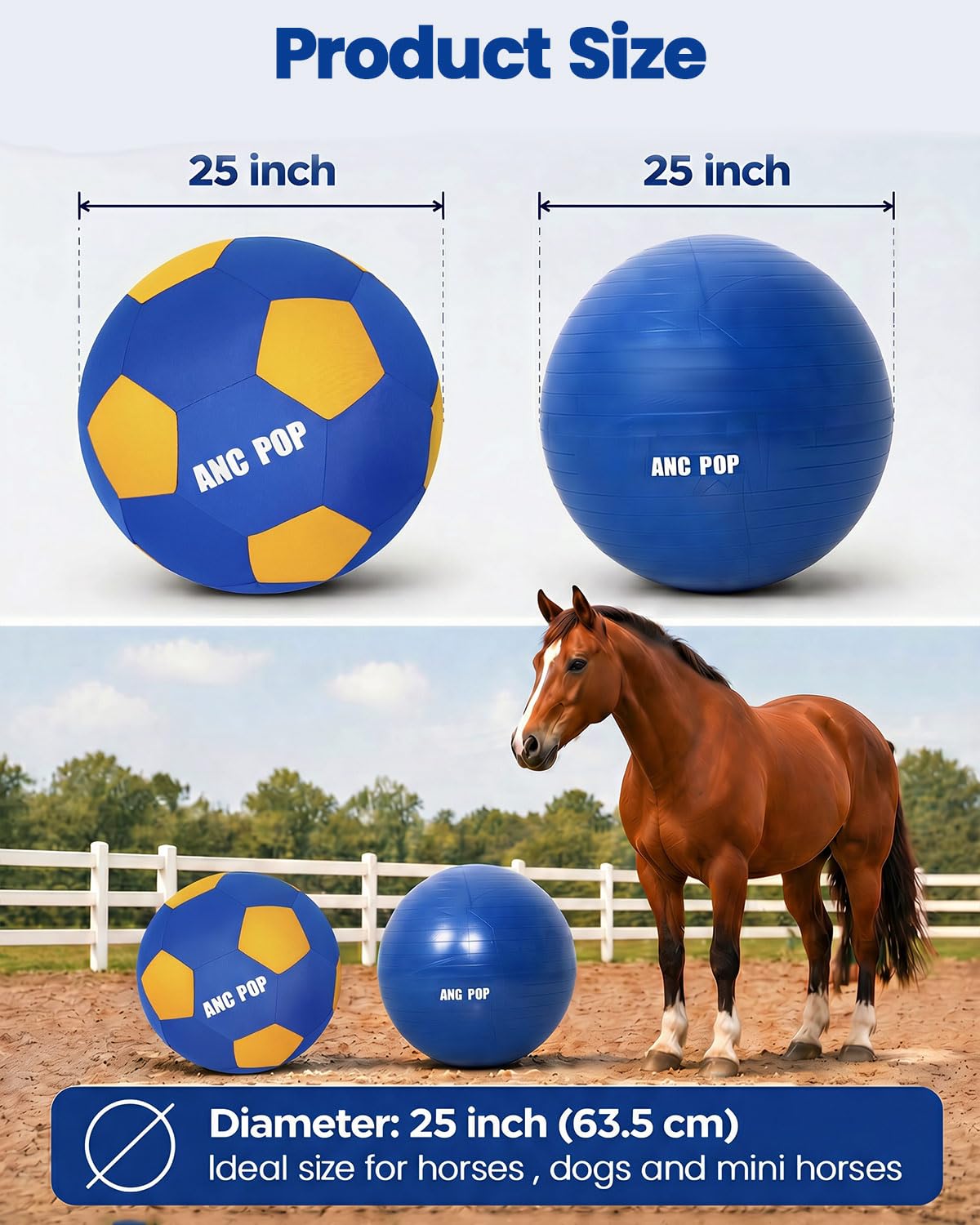 ANC POP Palla da pastore per cavalli da pastore da 63,5 cm, Mega palline da pastore con pompa a mano, palla da calcio da allenamento per cavalli, blu e giallo