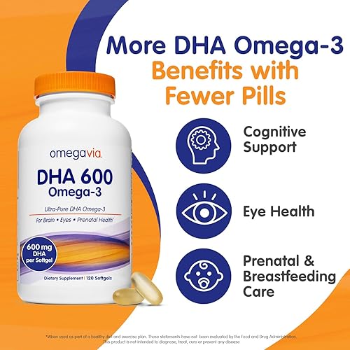 Miniatura 2 de OmegaVia DHA 600 mg  Suplementos DHA ultrapuros omega-3 para cerebro y ojos nutriente prenatal DHA Omega 3 para mujeres prenatales embarazadas y
