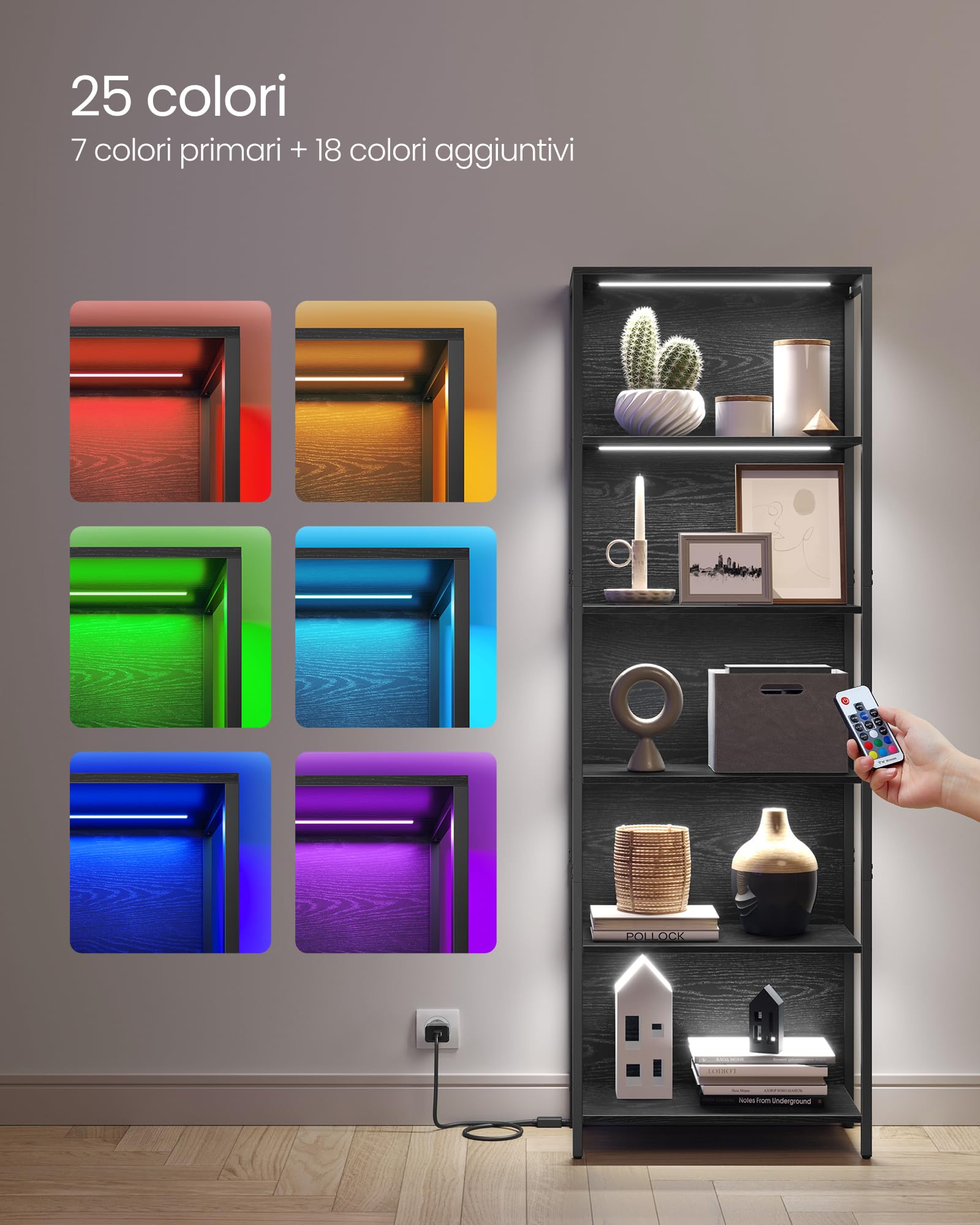 VASAGLE Scaffale a 6 Ripiani con Luce LED Dimmerabile, Libreria con Struttura in Acciaio, 30,3 x 60 x 178,6 cm, per Soggiorno, Camera da Letto, Ufficio, Nero Ebano LLS120B57