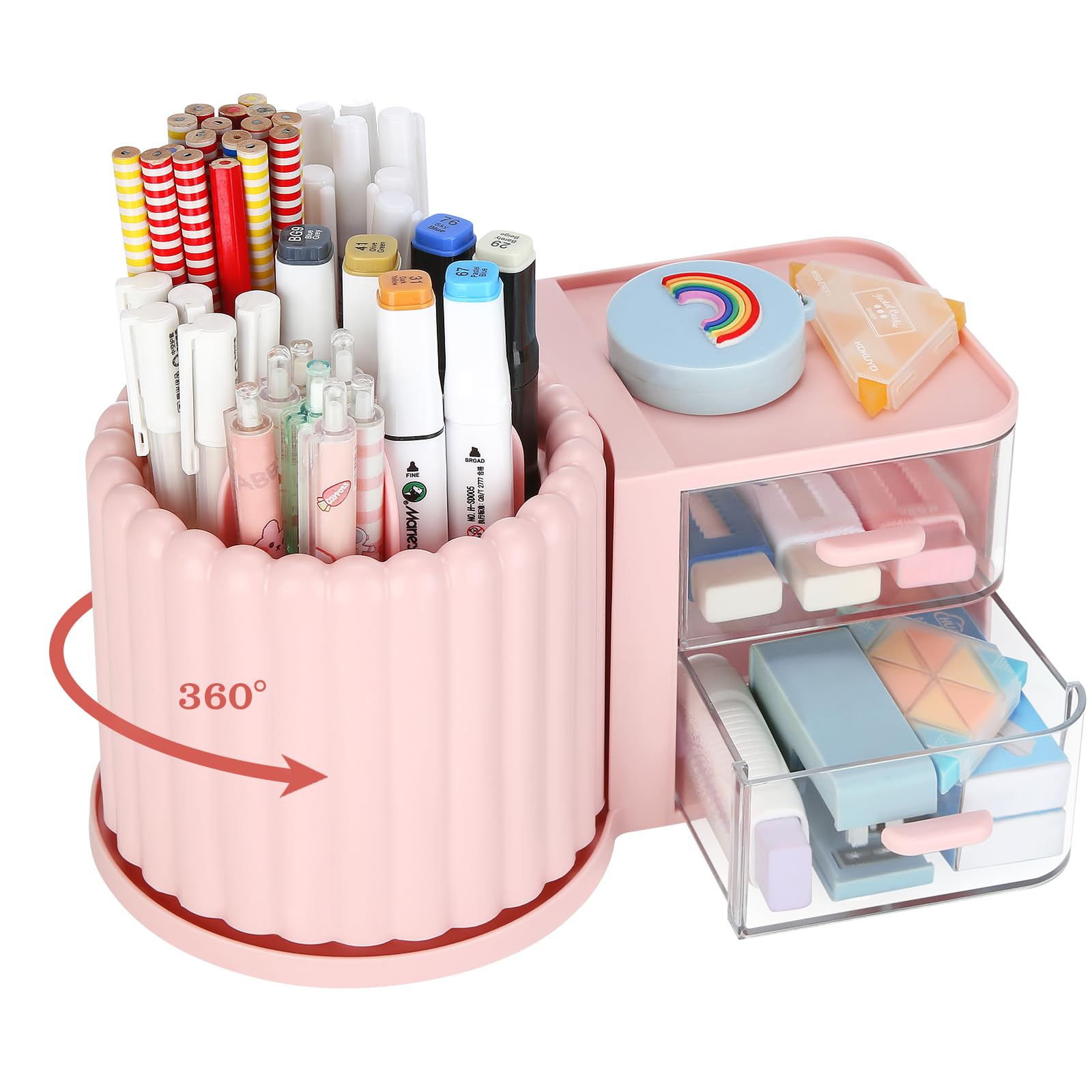 LETURE Rotating Office Desk Organizers and Accessories with 2 Drawer, Pencil Pen Marker Holder for Desk, Desktop Storage Organizers and Accessories for Office Home Art Supplies (Pink)