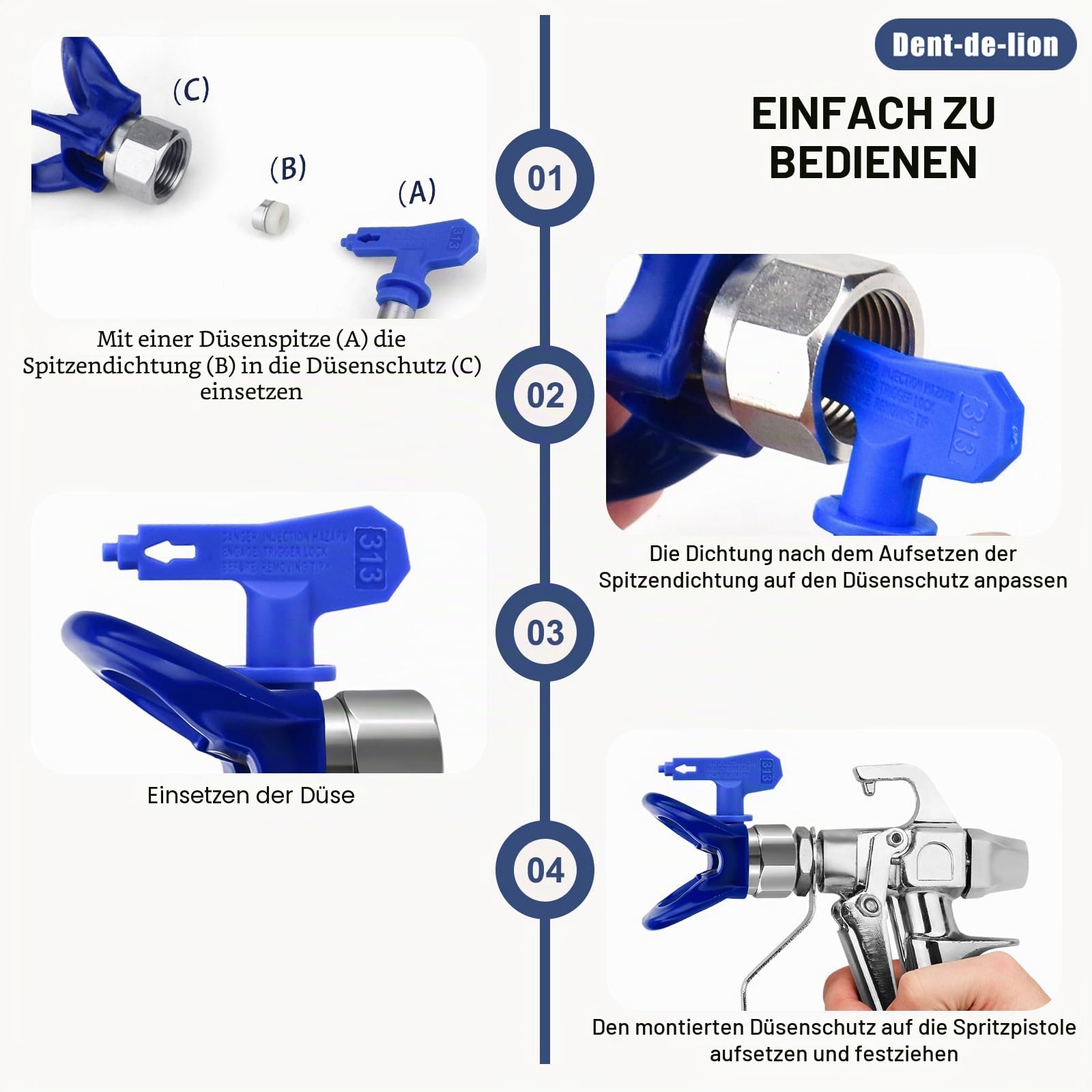 Airless Düse mit SpitzendichtungSet, 5 Stück, Reversible Sprühspitzen, Airless-Spritzpistolen-Düse und Mini-Airless-Sprühspitzen, ür Airless Farbsprühsysteme(211, 313, 415, 517, 623)