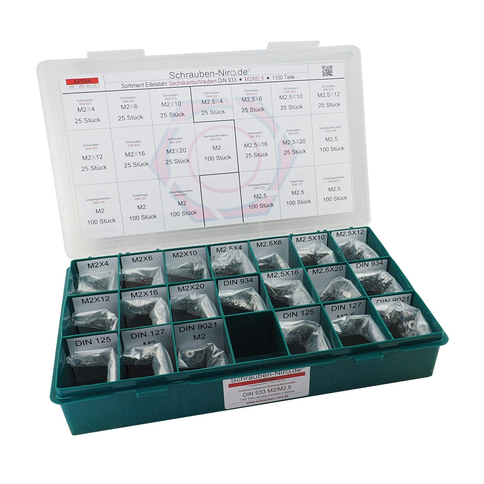 Set Sechskantschrauben DIN 933 M2+2,5 Edelstahl A4 V4A mit Muttern+Scheiben | Sortiment M2 + M25 DIN 933 mit Gewinde bis Kopf Schrauben Unterlegscheiben DIN 125 127 9021 Muttern DIN 934 985 1100 Teile