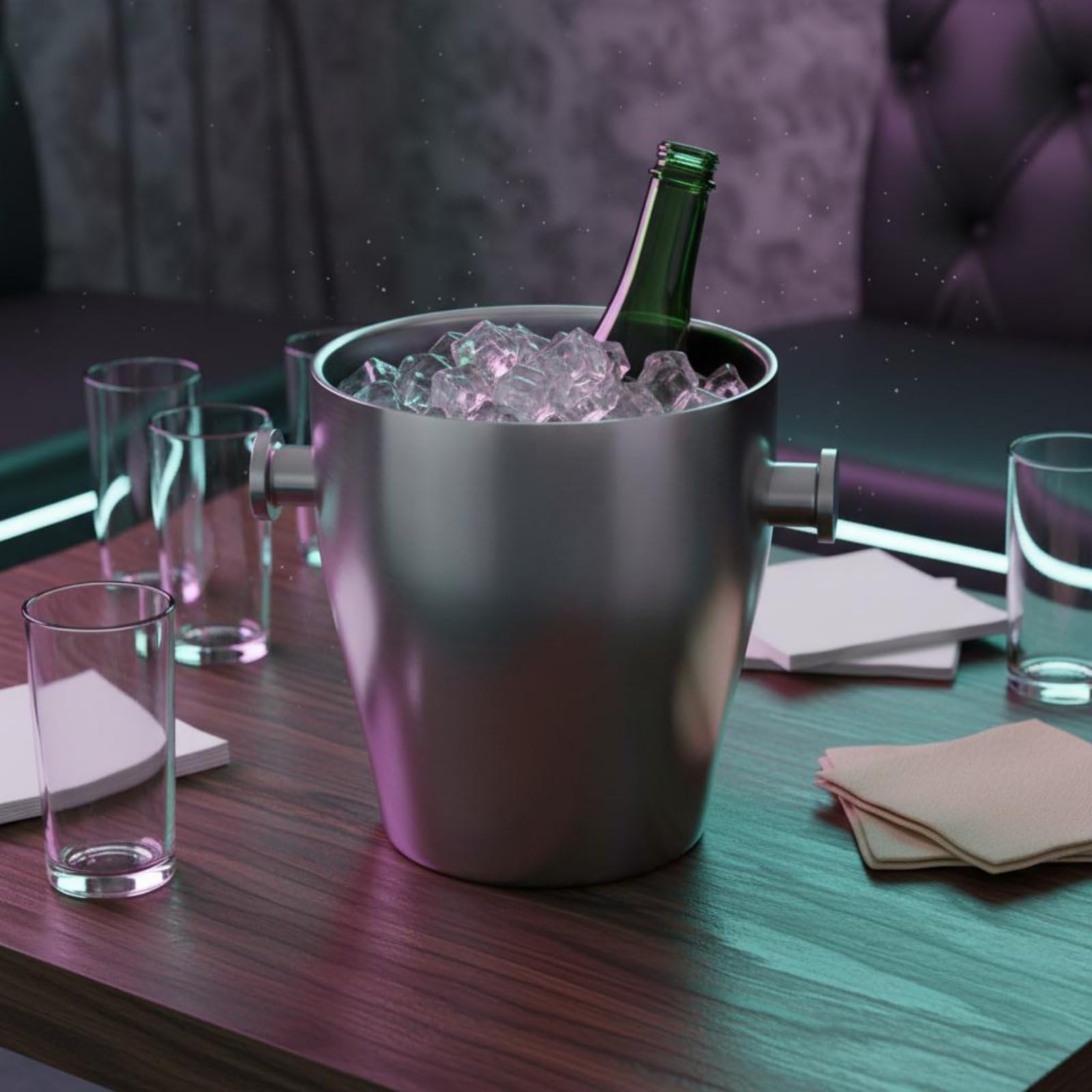 perfk Cubeta Doble Capa Acero Inoxidable Recipiente de Hielo de Botellas Contenedor Firme Adecuado para Cenas Hogares Hoteles, Cubo De Hielo con Tapa Y Pinzas, Acabado Arenado