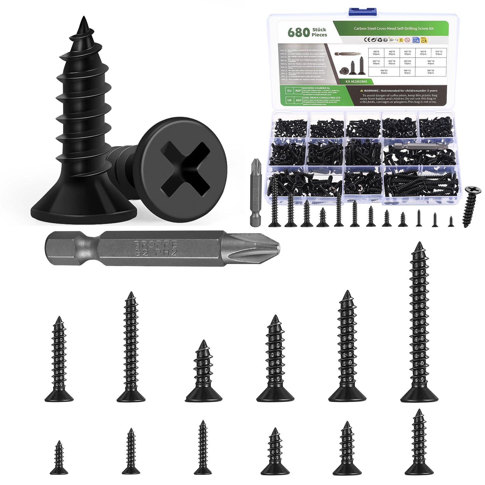 680 Pcs M2 M3 M4 Self Tapping Screws for Wood Screws Assortment, Small Assorted Cross Flat Head Screw Set Mixed for Door Handles Kitchen Cabinet Wood Fastening(Black)