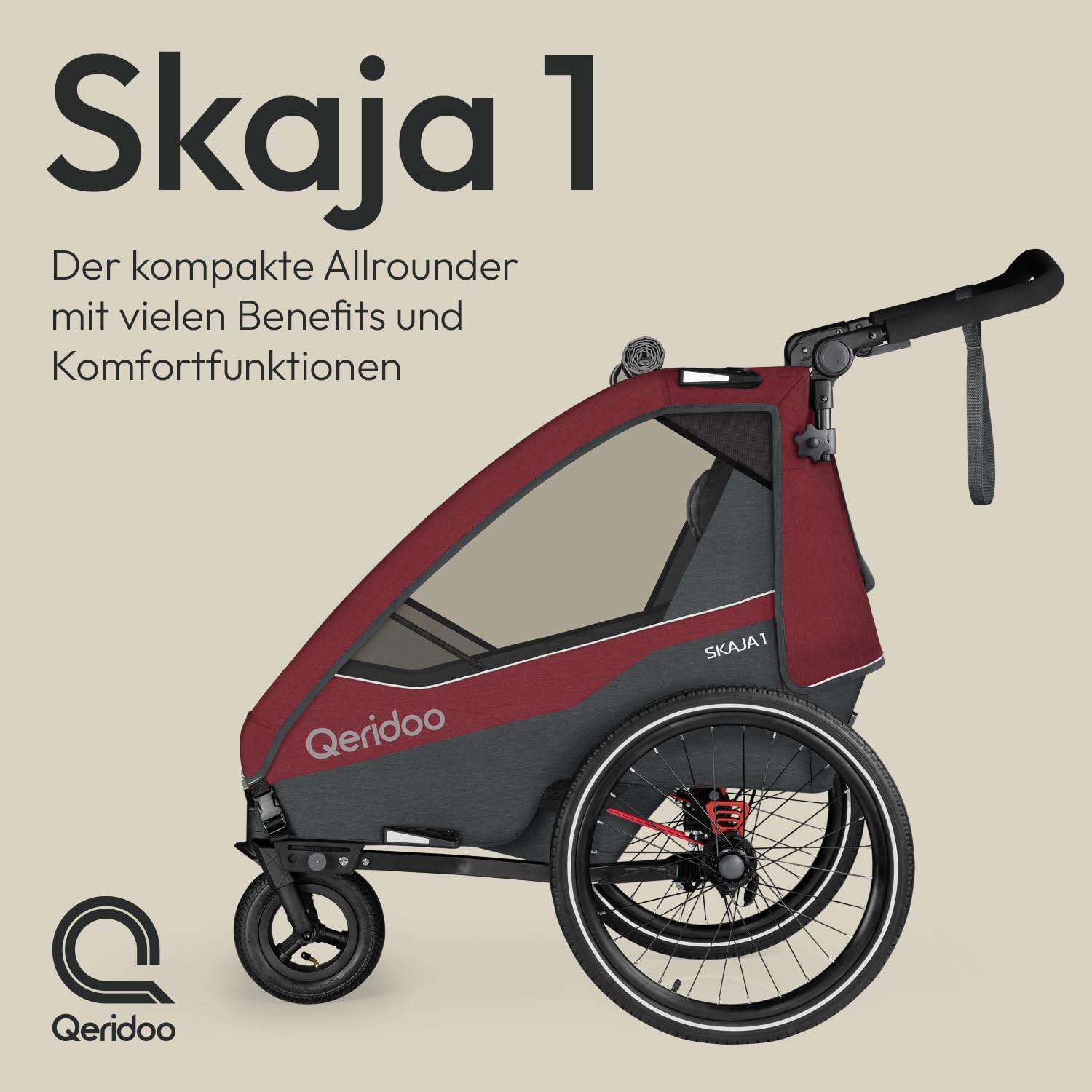Qeridoo Skaja 1 Cayenne Red Fahrradanhänger 1 Kind Premium-Federung 3-in-1-Funktion Kinderfahrradanhänger Jogger Kinderwagen Leicht Sicher Kompakt