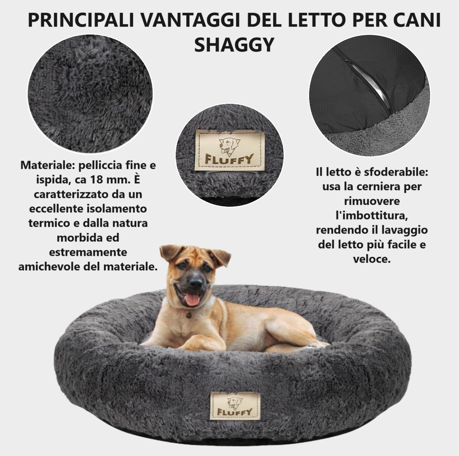 KING DOG Cuccia per cani rotonda cuccia morbida M 60 cm cuscino morbido con rivestimento in peluche cuscino interno estraibile fondo antiscivolo lavabile