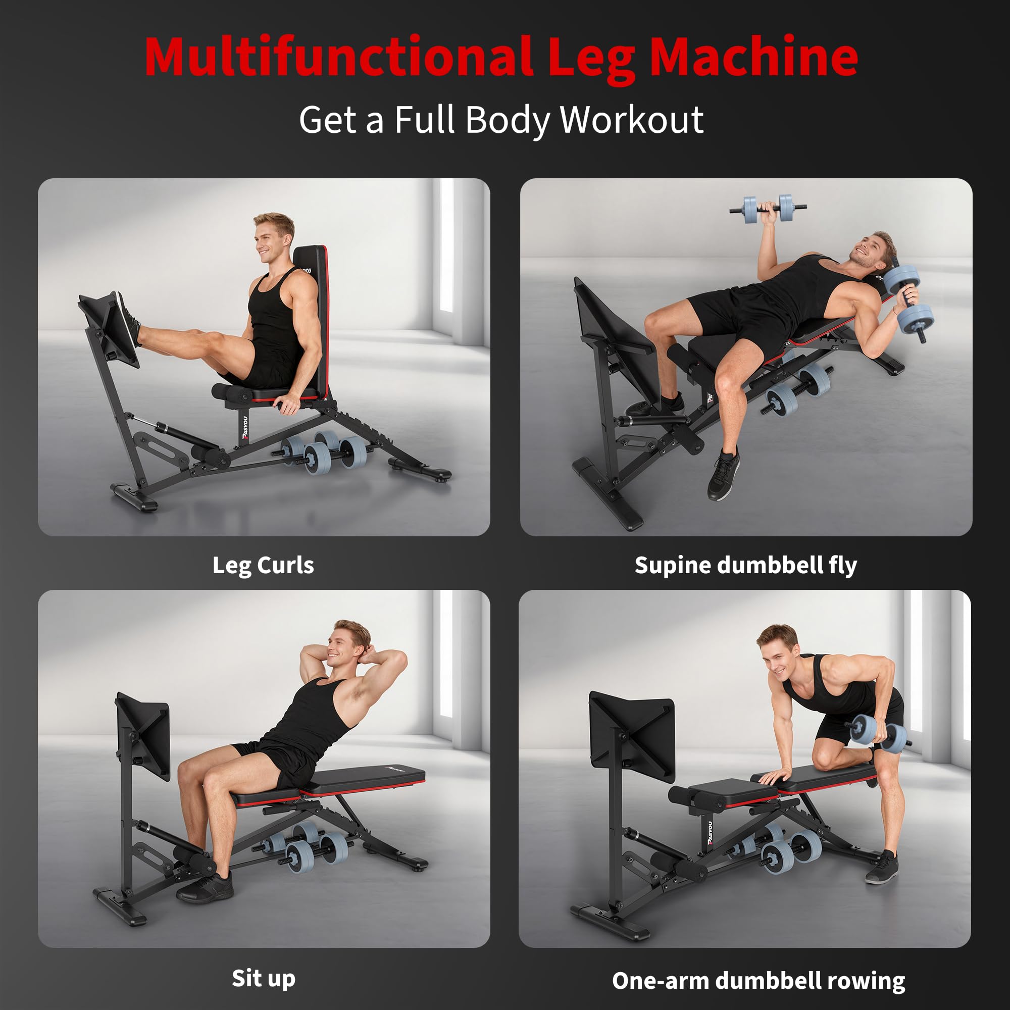 PASYOU Macchina Pressa per Gambe Multifunzionale, Panca Regolabile con Estensione Gambe, Capacità di Carico 550 kg, Attrezzo per Allenamento Gambe per Palestra Domestica con Supporto Manubri