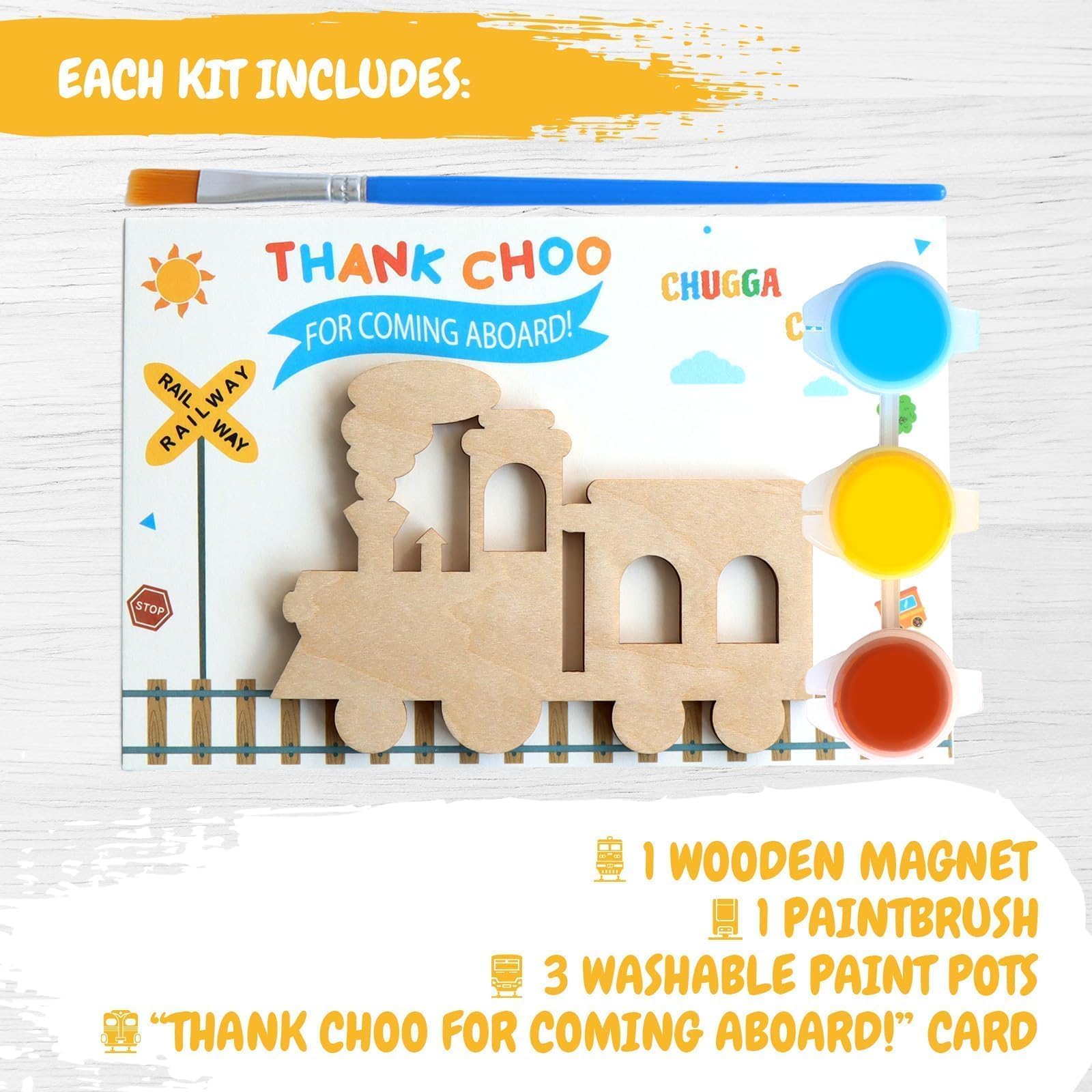12-Pack Pre-Packaged Train Party Favors, Wooden Train Cutouts with Magnets & Painting Kits for Kids, Choo Choo Birthday Decorations & Thank You Gifts for Guests