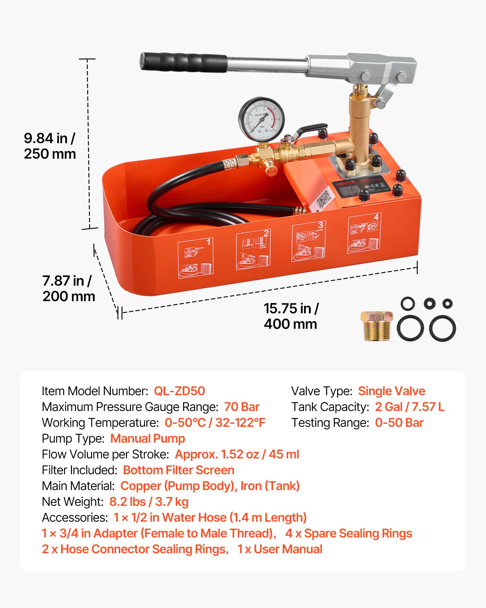 VEVOR Bomba de Prueba de Presión Hidráulica 7,57 L, Manual, Válvula Simple | Rango de prueba de 0-50 bar, Con Manómetro y Tanque, Material Resistente, Para Sistemas de Tuberías de Agua, Calefacción