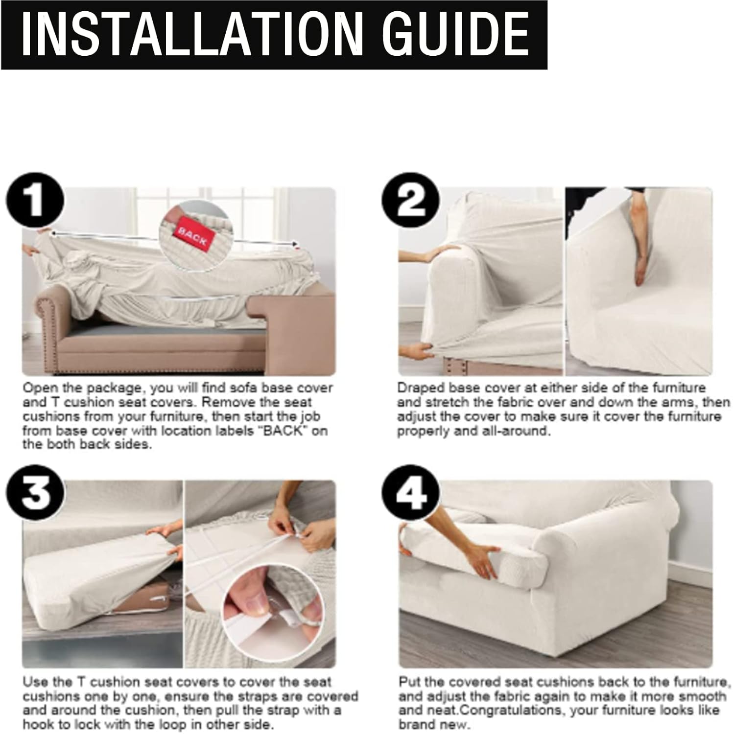 3-Piece T-Cushion Sofa Slipcover – Premium Stretch Sofa Cover for T-Cushion Couches (Fits Up to 90" Wide) – Includes 2 T-Shaped Seat Covers + Back Cover (White, Love seat XL)