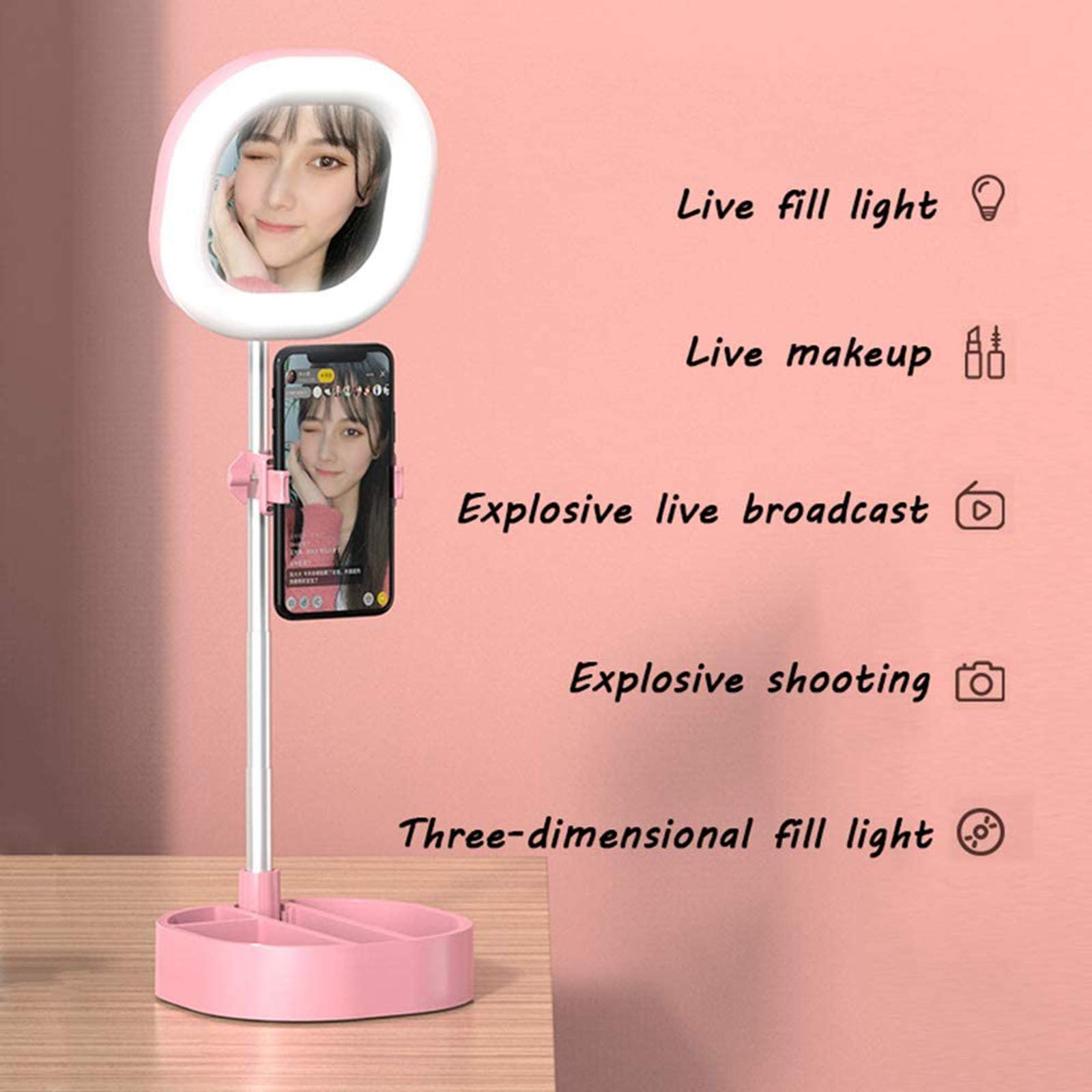 Luce ad Anello LED Pieghevole con Specchio per Il Trucco e Supporto per Telefono, Dimmerabile 3 modalità Colore Selfie Ring Light per Youtube, TIK Tok,Trucco, Fotografia,Blu