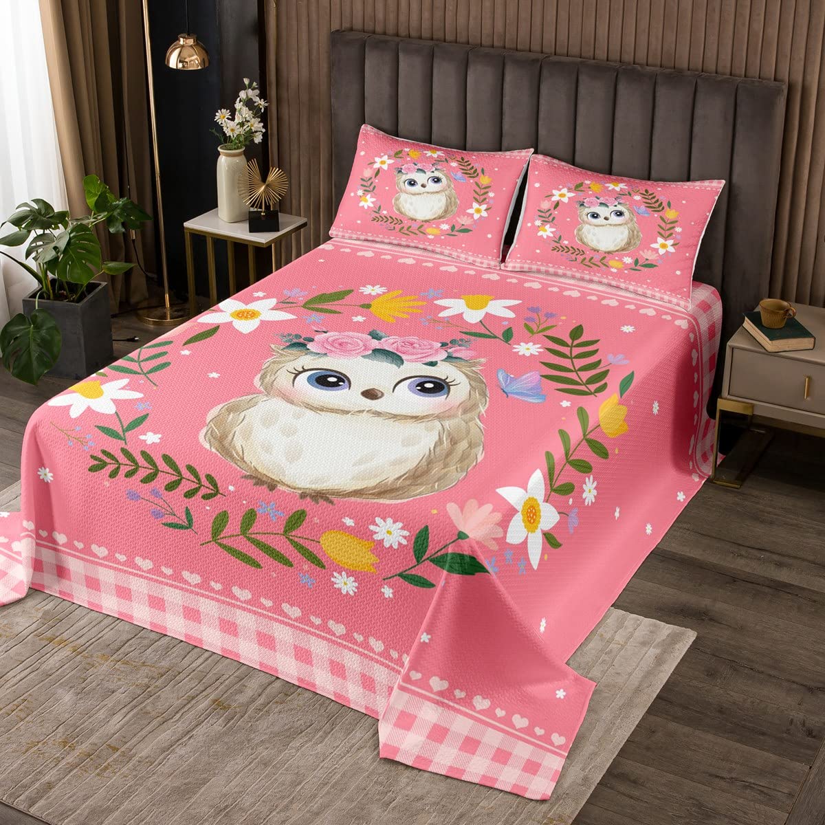 Erosebridal Kawaii Owl Queen Quilt Set for Girls Boys Kids Cute Animal Coverlet Set, Lovely Lattice Bedding Multicolor Florals Bedspread Set, Pink Love Heart Print Bed Quilt Soft Cozy