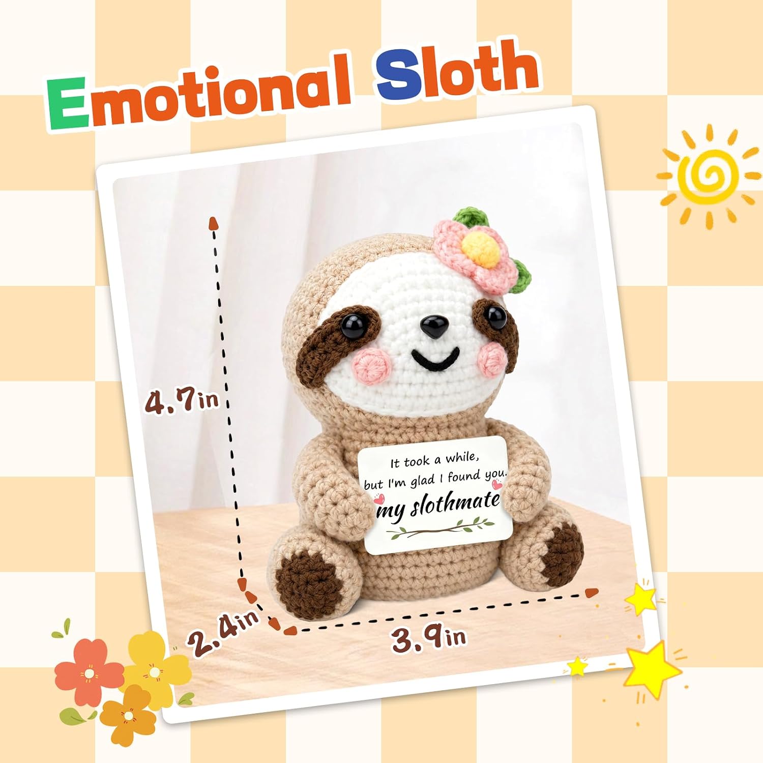Emotional Crochet Sloth Gift with Card, Handmade Positive Sloth Plush Keepsake, Romantic Soulmate Birthday Gifts for Boyfriend Girlfriend Husband Wife, Anniversary Valentine’s Day Couples Desk Decor