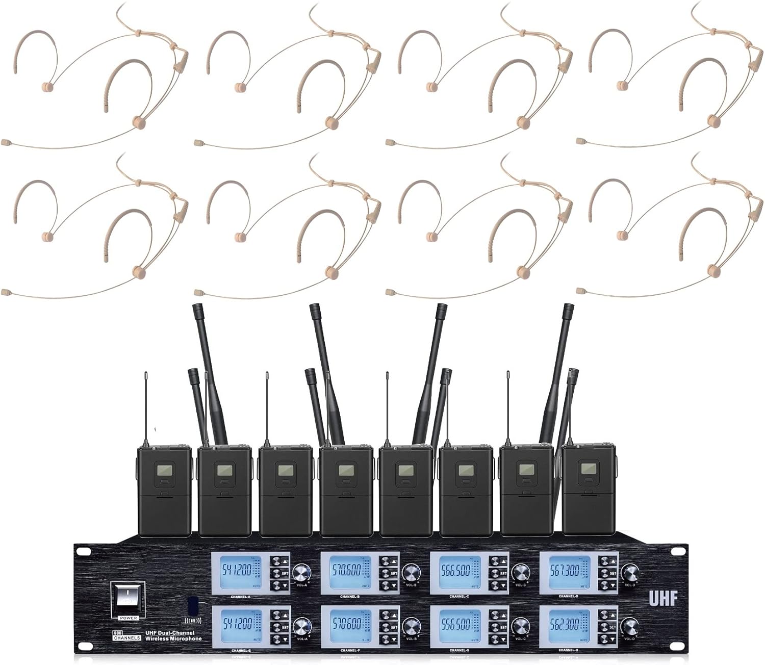 Professional 8 Channel UHF Wireless Microphone & Receiver System 8 Head Mics Belt