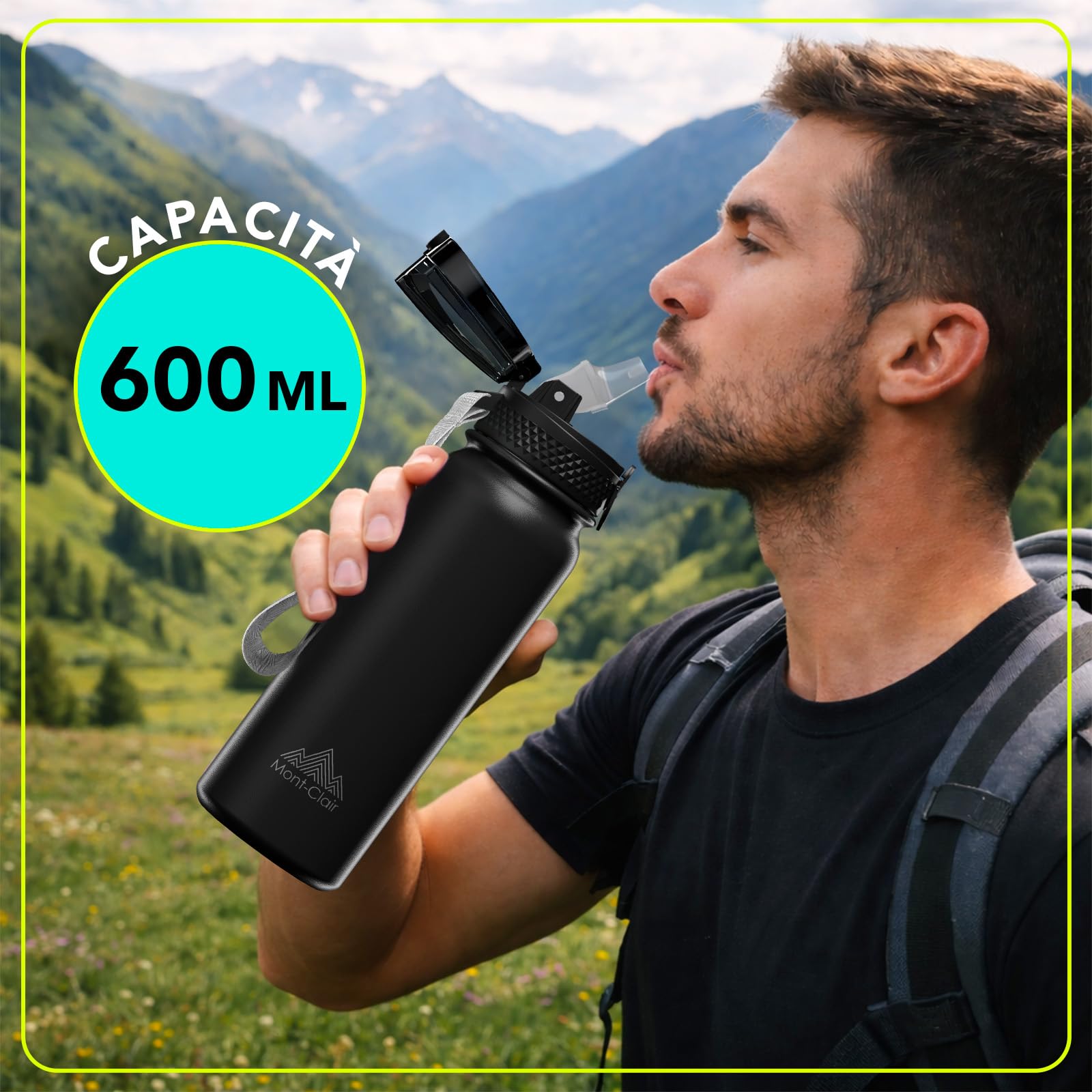Mont-Clair Borraccia in Acciaio Inossidabile con Cannuccia - 600ml - Borraccia in Metallo senza BPA - Bottiglie d'Acqua per Bici Campeggio Sport - Disegno Brevettato - Nero
