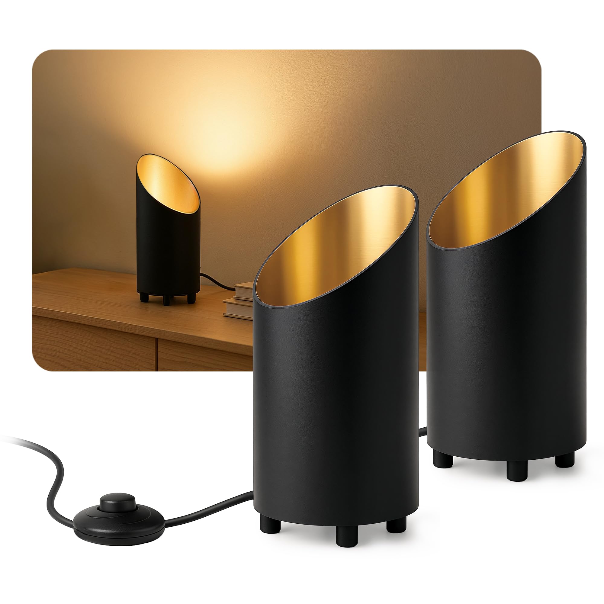 SSC-LUXon AUREVA 2er Set Bodenlampe Innen schwarz gold – Wohnzimmerlampe Stehlampe 22 cm für GU10 Leuchtmittel Uplight Spot Wandstrahler