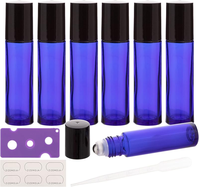 ZIZEMOJA Frascos Roll-on de Vidro Azul com Esfera de Aço Inoxidável, 10 mL, Pacote com 6