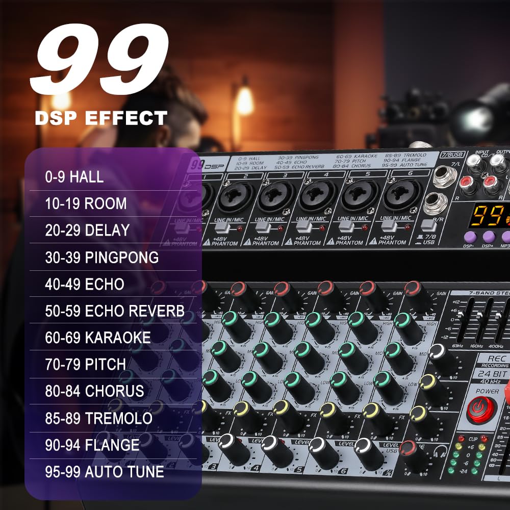 BOMGE Mixeur audio DJ professionnel à 8 canaux, mixeur sonore avec 99 effets DSP/égaliseur 7 bandes/clé USB/Bluetooth/ordinateur/fantôme 48 V pour enregistrement sur PC, karaoké, studio de streaming