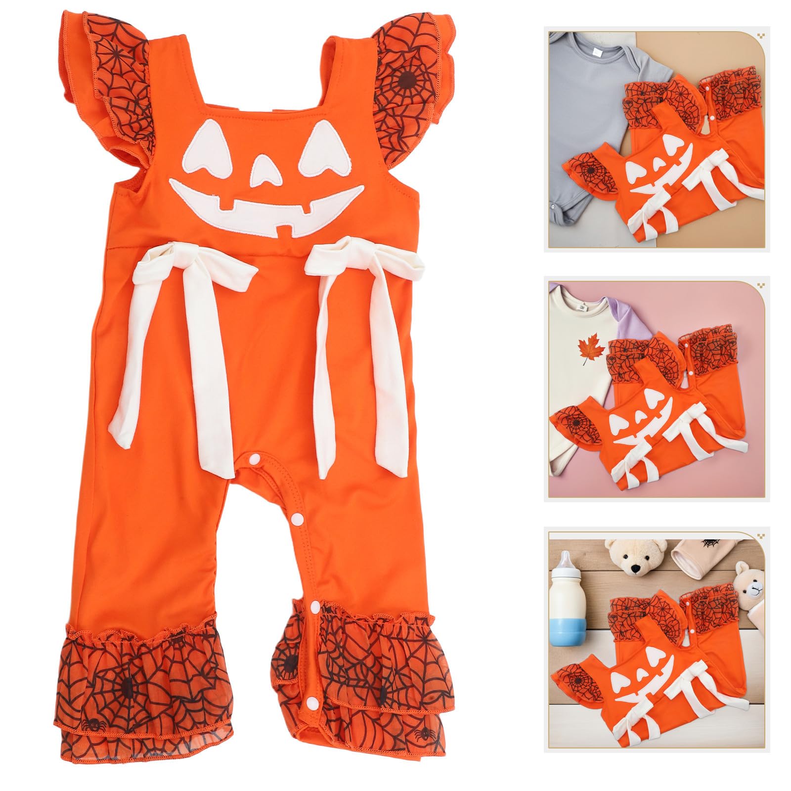 Healeved 3 Pezzi Pagliaccetto Neonata Arancione Stampa Zucca per Halloween Morbido e Traspirante, senza Maniche, per Feste di Halloween 3-6 Mesi
