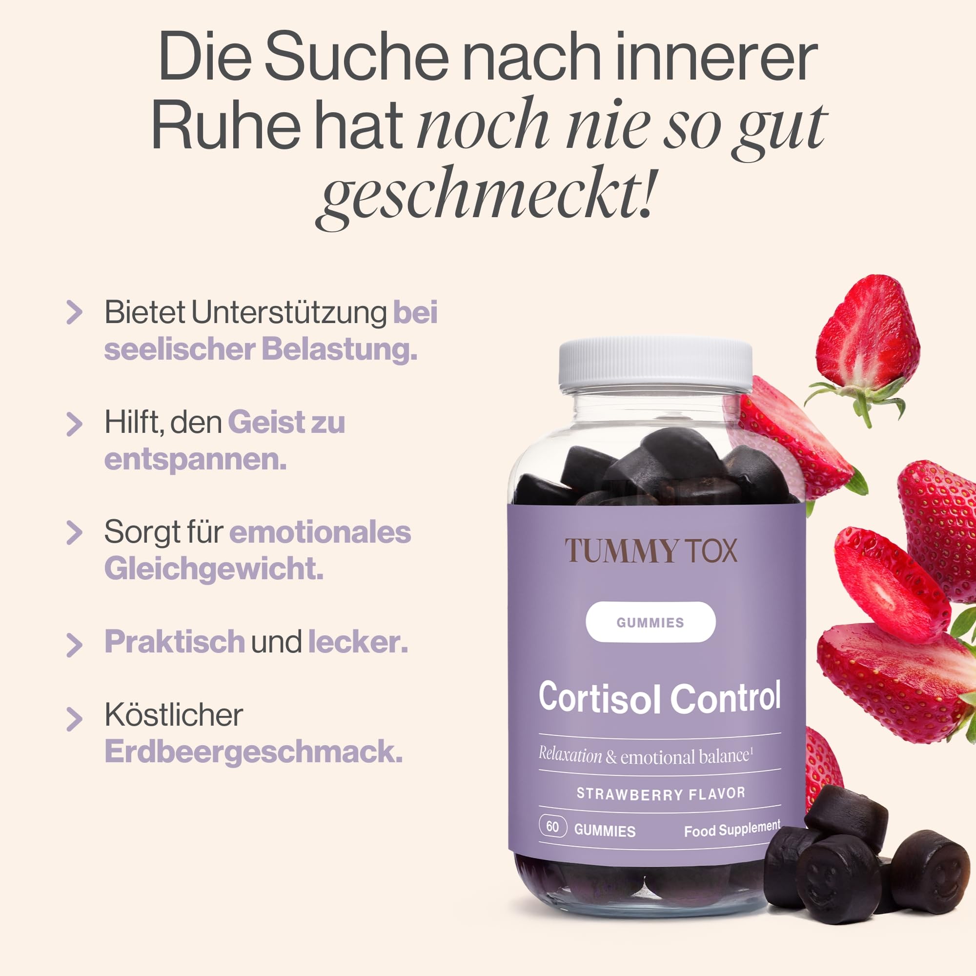 Ashwagandha, GABA, Rhodiola Rosea, Vitamin B12 und Vitamin B6-120 Vegane Gummibärchen, Ohne Gelatine und Glutenfrei - Cortisol Control Gummies, Tummy Tox