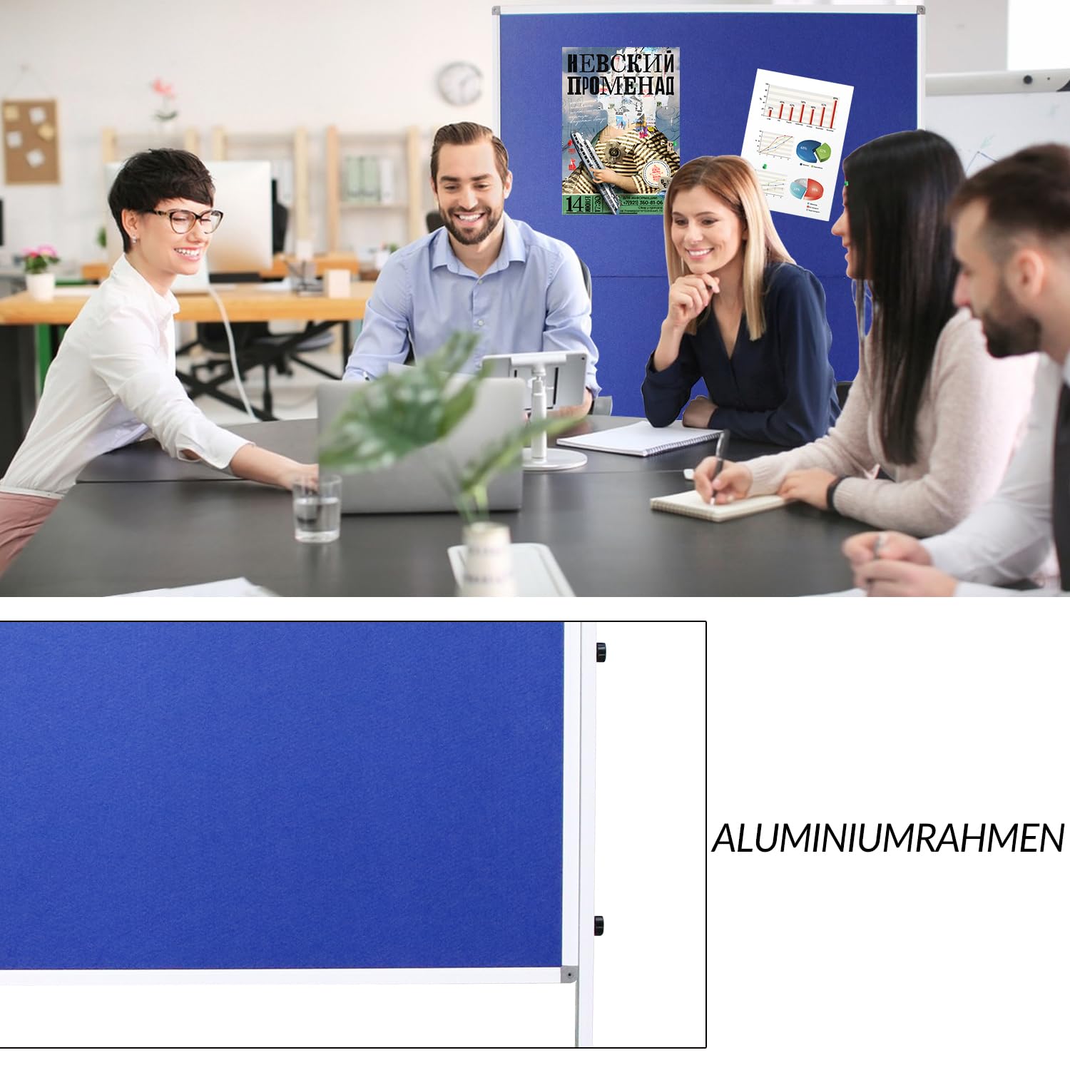 XIWODE Tablón de anuncios de tela azul plegable móvil de doble cara, con soporte, 150 x 120 cm, pantallas móviles independientes, para presentación y presentación