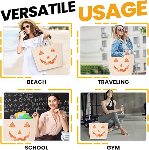 Miniatura 6 de shop4ever Bolsa de lona pesada naranja Jack O' Lantern con cara de calabaza para Halloween, truco o trato con cremallera, bolsa de compras