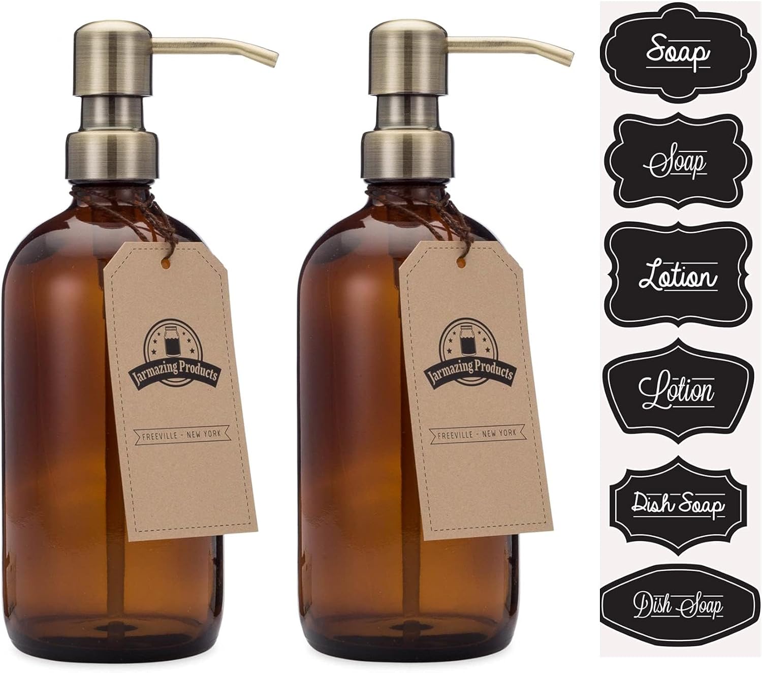 Amber Glass Bottle Soap and Lotion Dispenser with Brass Pump - 16 oz - 2 Pack - by Jarmazing Products