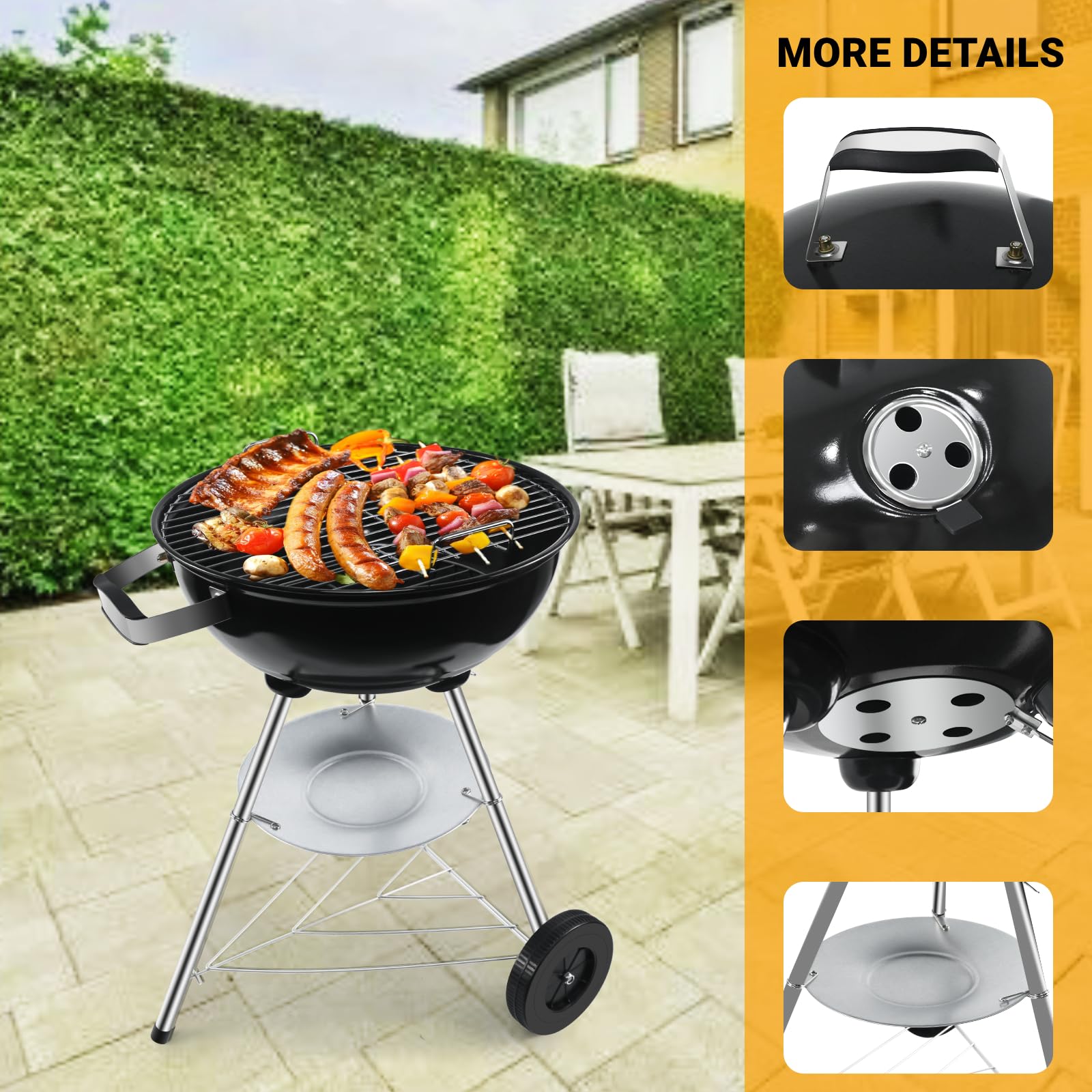 Barbecue Charbon Rond avec Couvercle et Roues BBQ Portable Grill Jardin Camping Balcon Taille moyenne