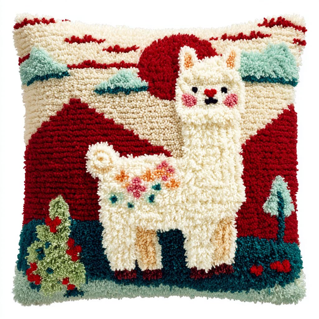 Taxpy DIY Latch Hook Kits, Animal Alpaca Pillow Embroidery Carpet Set Needlework Crocheting Cushion Pillow Case Embroidery Set 43x43cm