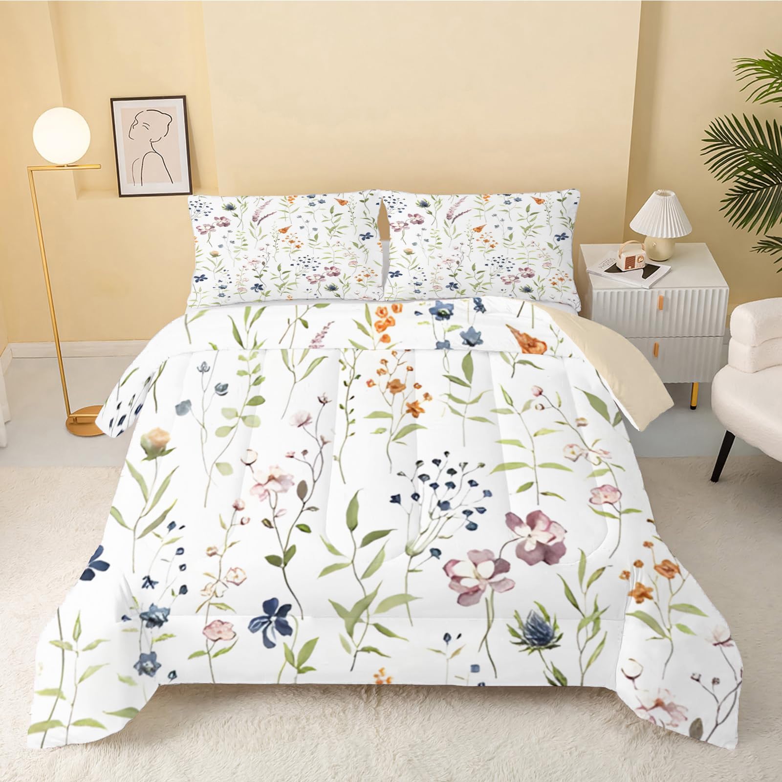dyausi Floral Duvet, Coverless Duvet Single Duvet 7.5 Tog, Reversible Leaf Plants Comeforter Set for All Season, Lightweight Machine Washable Single Quilt 135x200, Colorful Green