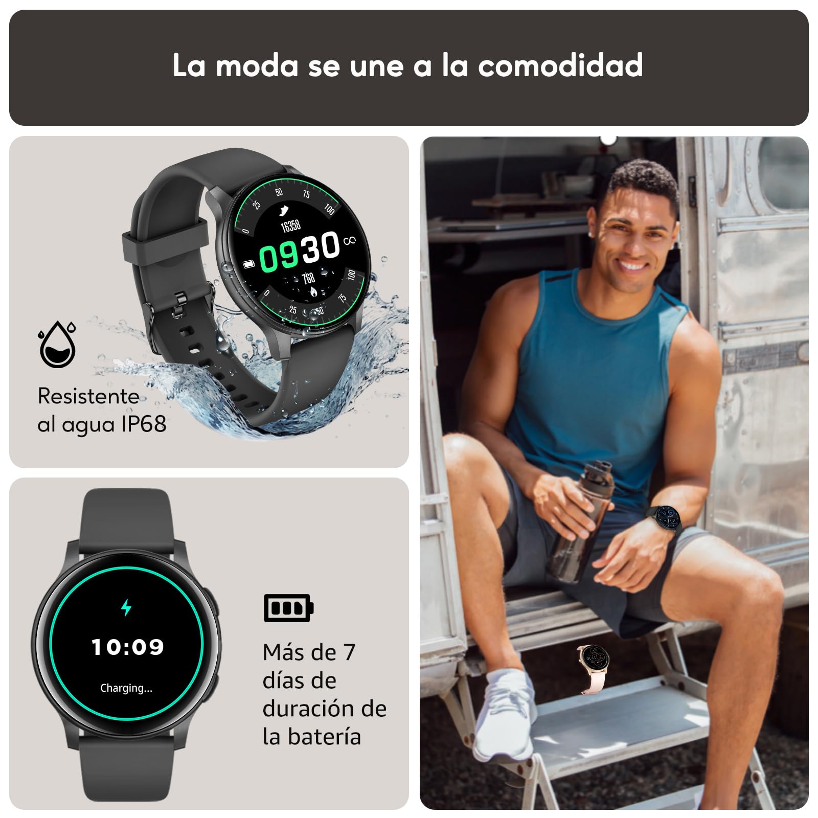 AcclaFit Reloj Inteligente Hombre Mujer con Llamadas Bluetooth, Smartwatch Esfera Redonda 1,38" con 147+ Modos Deportivos, Pulsómetro, Monitor de Sueño, IP68 Impermeable, Compatible con Android iOS