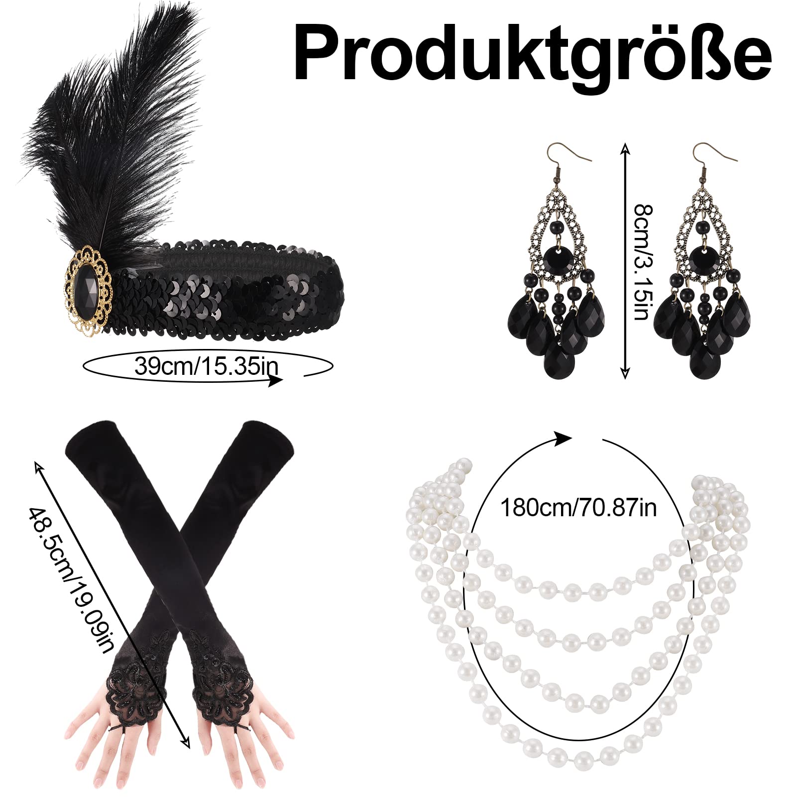 Jerbro 3-teiliges Damen Kostüm-Set – Schwarz-weiße Stola, Spitzenhandschuhe & Zylinder-Haarspange