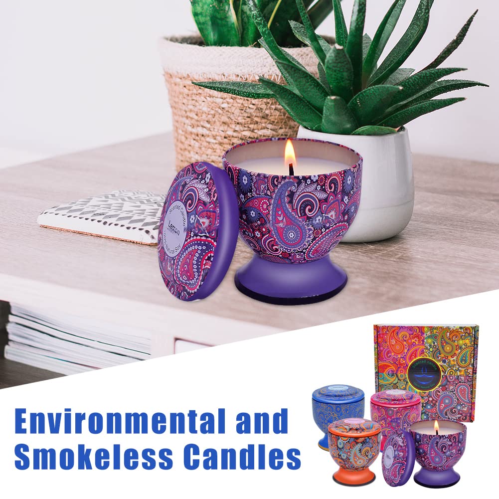 URFEDA Juego de velas perfumadas, 100% cera de soja natural, 4 unidades x 120 g, velas aromáticas duraderas, jazmín, vainilla, limón, té verde, juegos de velas regalo para aliviar el estrés y relajar