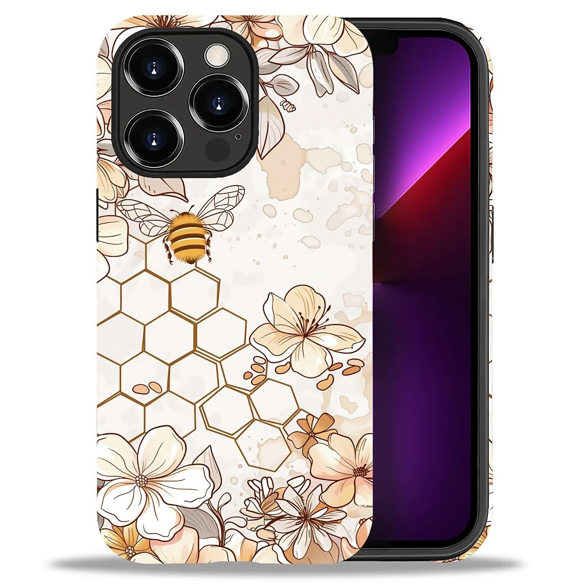Bvkilrvc Compatible with iPhone 13 Pro Max Case, Flowers Bee Floral Pattern Print Phone Case Funny Liquid Silicone Case Impact Resistant Anti-Scratch
