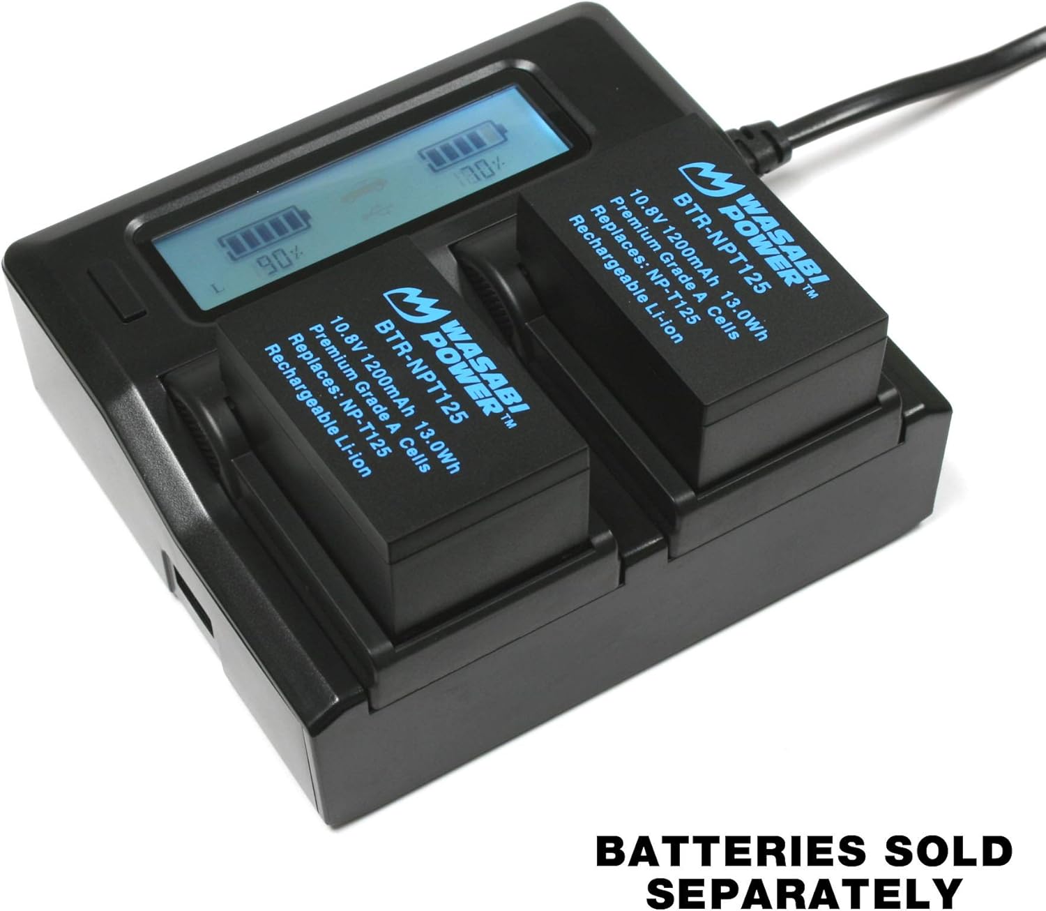Wasabi Power Dual LCD Battery Charger for Fujifilm NP-T125, Compatible with OEM Battery, Fully Charges in 60-90 Minutes, Includes 12V Car Plug Adapter