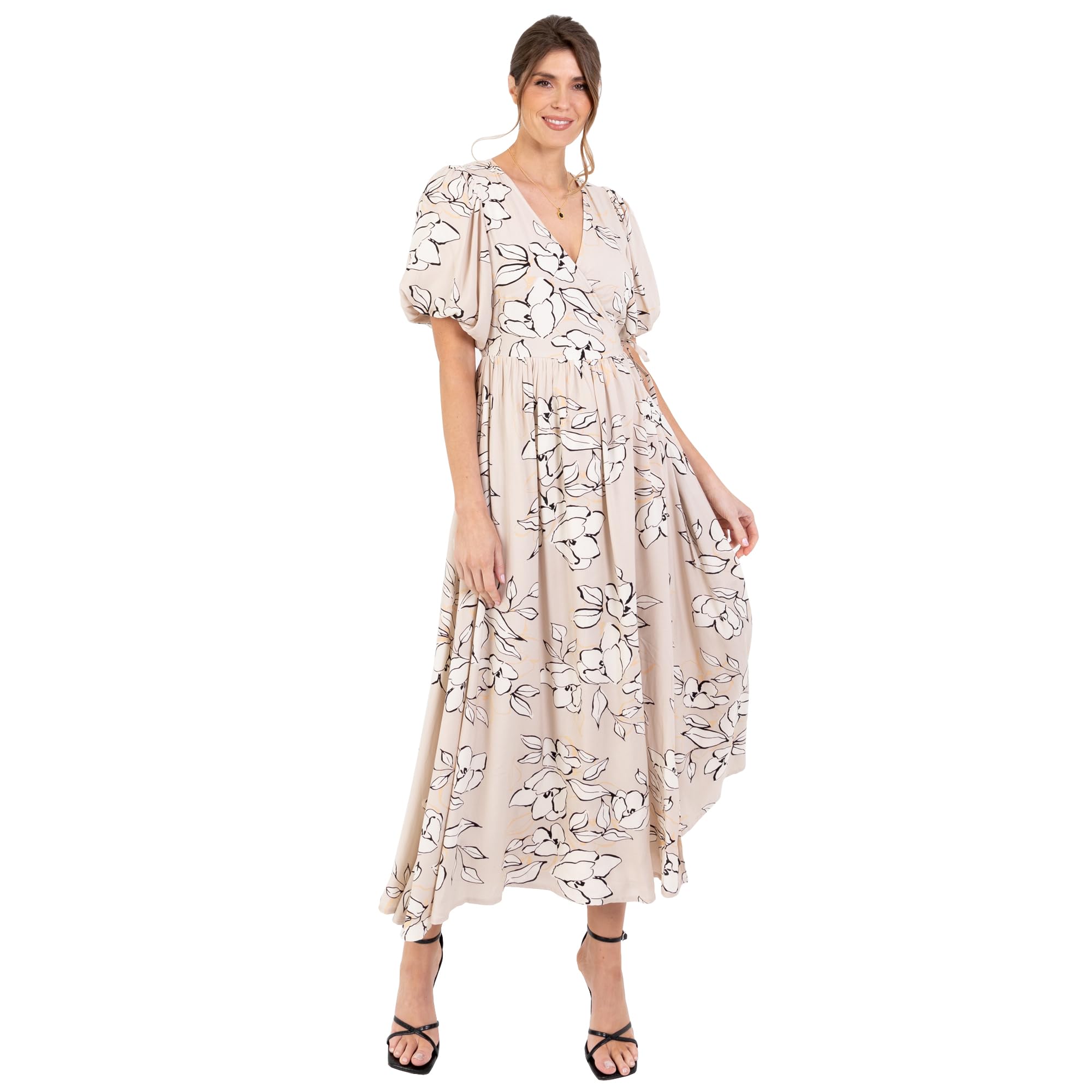 Lovedrobe Women's Ladies Maxi Dress Short Puff Sleeves V-Neckline Wrap Waist Tie A-line Evening Occasion Floral Print Summer Dress,