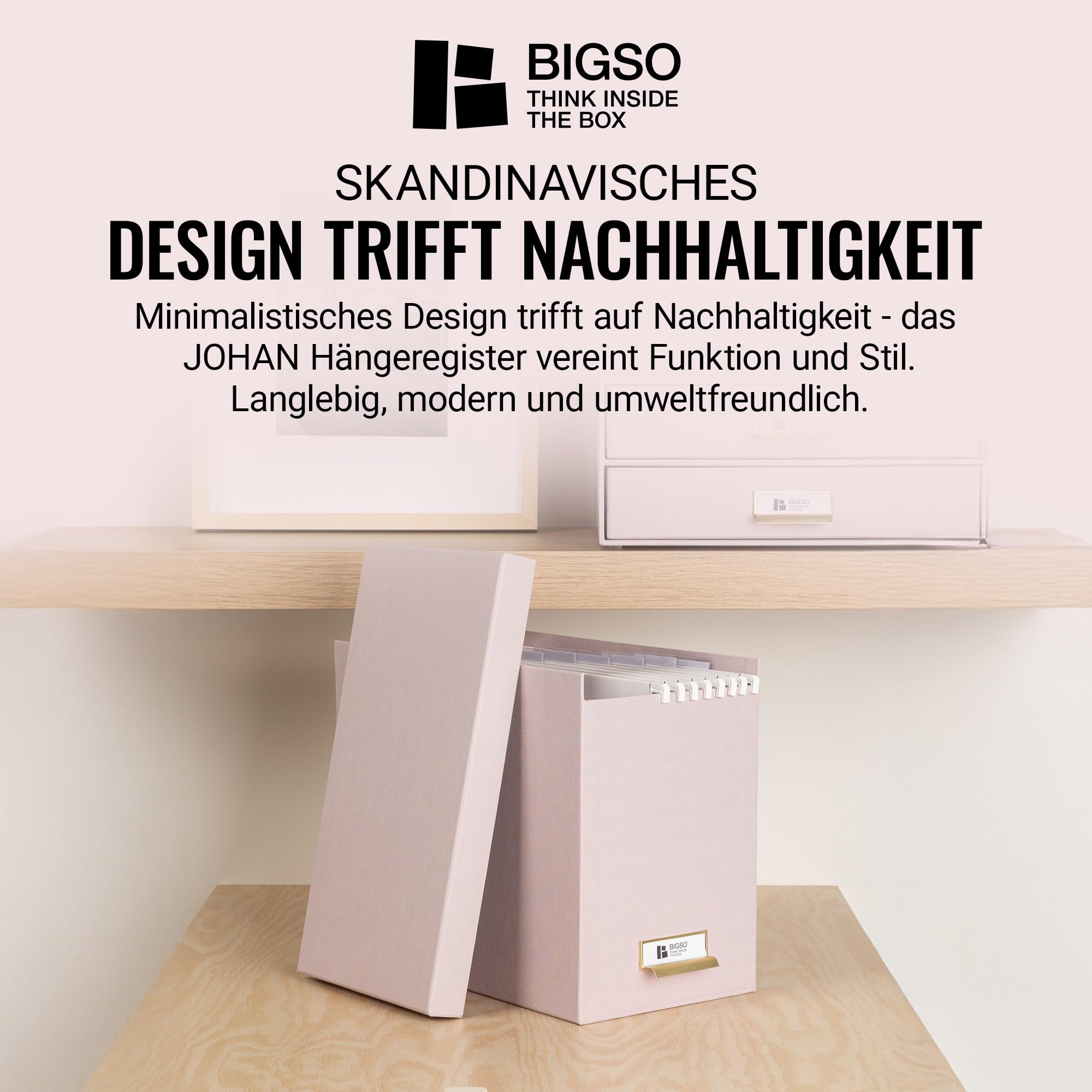 BIGSO JOHAN Hängeregisterbox A4 – Hängemappenbox mit Deckel und Griff – Schreibtischablage für Hängemappen & Dokumente – Aufbewahrungsbox aus recycelter Faserplatte und Papier – rosa