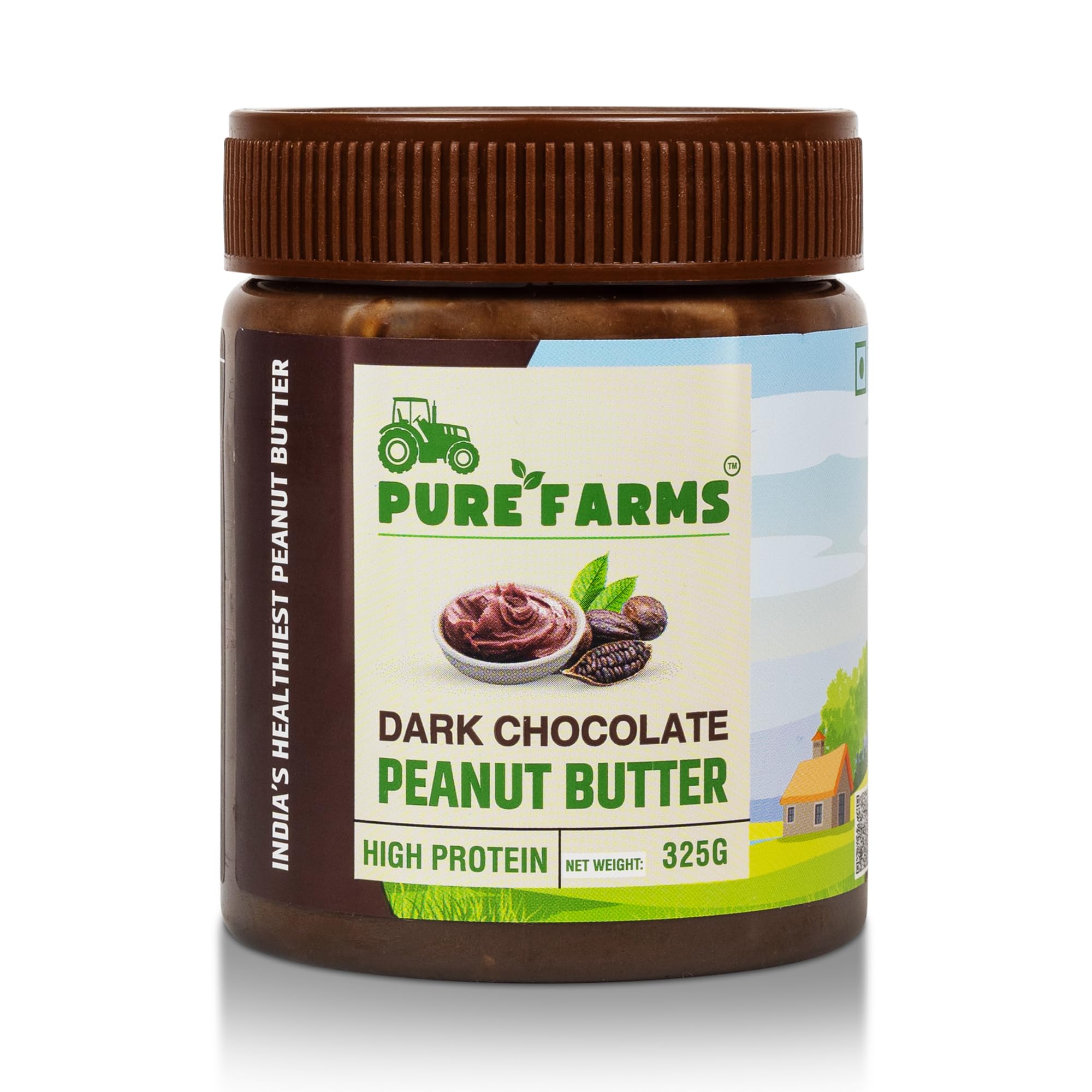 PURE FARMS Dark Chocolate Peanut Butter, 325gm Pack, Crunchy Delight with Rich, Pure Cocoa | Classic Snack, Guilt-Free Indulgence, Protein & Chocolate