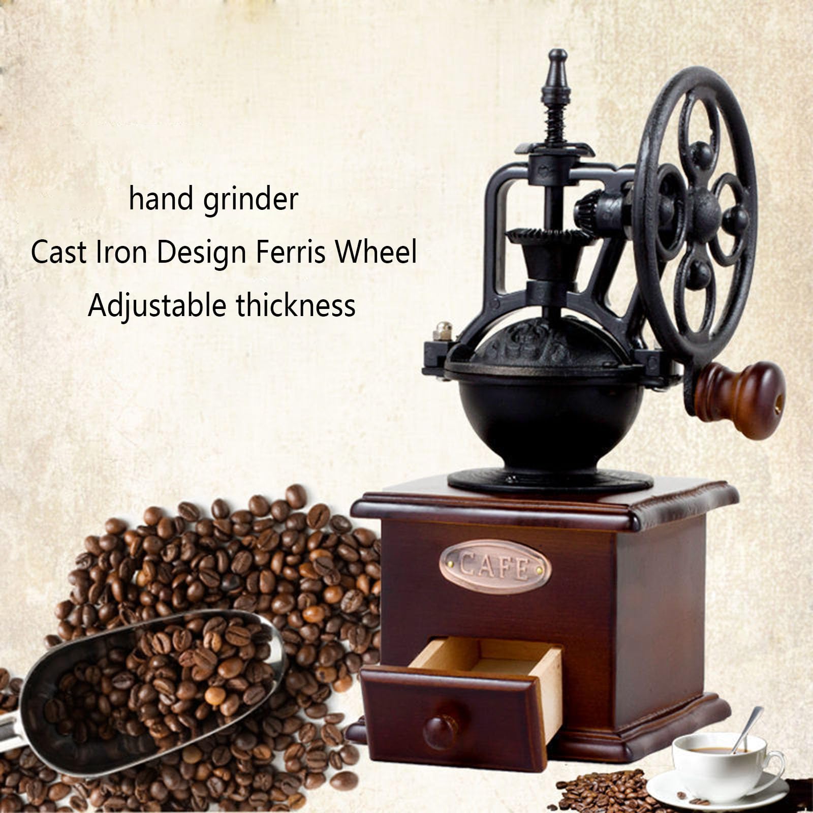Molinillo de café manual, molinillos de café de manivela de mano estilo vintage, molinillo de café clásico, molinillo de frijoles, molinillo de grano de rodillo, manivela de mano de hierro fundido,