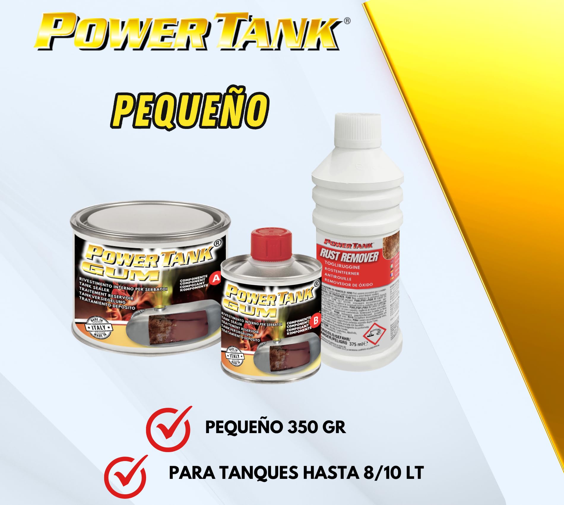 POWER TANK GUM - Tratamiento Tanque Deposito Moto (8/10 Litros) Kit Pequeño Small 350 g para Interior de Tanques Elimina Óxido Repara Protege Tanques Oxidados de Motos Vespa Ciao Scooters