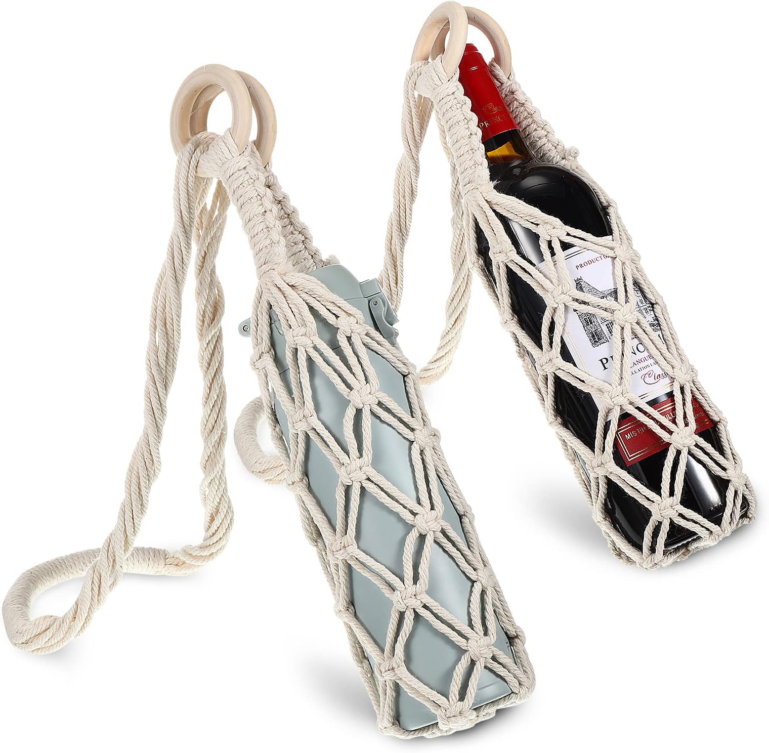 2 Piece Macrame Water Bottle Holder with Strap Cotton Water Bottle Carrier Cross Body Macrame Bottle Bag for Hiking Cycling(29 Inch)