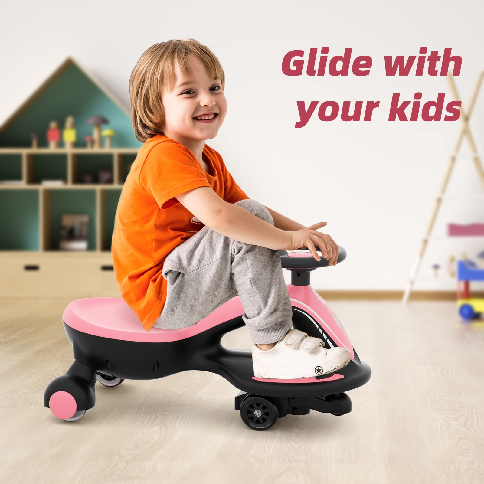 XJD Electric Wiggle Car Ride On Toy, 2 in 1 Wiggle Car Rechargeable Battery with Anti-Rollover Colorful Light-Emitting Wheel for Toddler Ride On Toys 3 Years and Up (Pink Black)