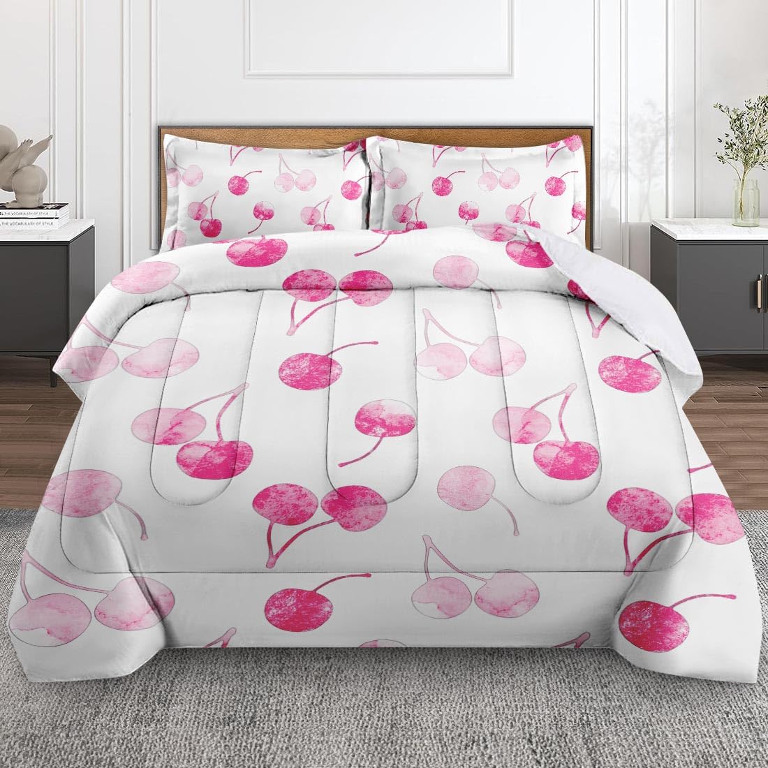Cherry Flower Queen Comforter Set, Cute Bedding Set 3 Piece, All Season Soft Toddlers Children Adults Bedroom Bed Decoration Comforter and 2 Pillow Shams