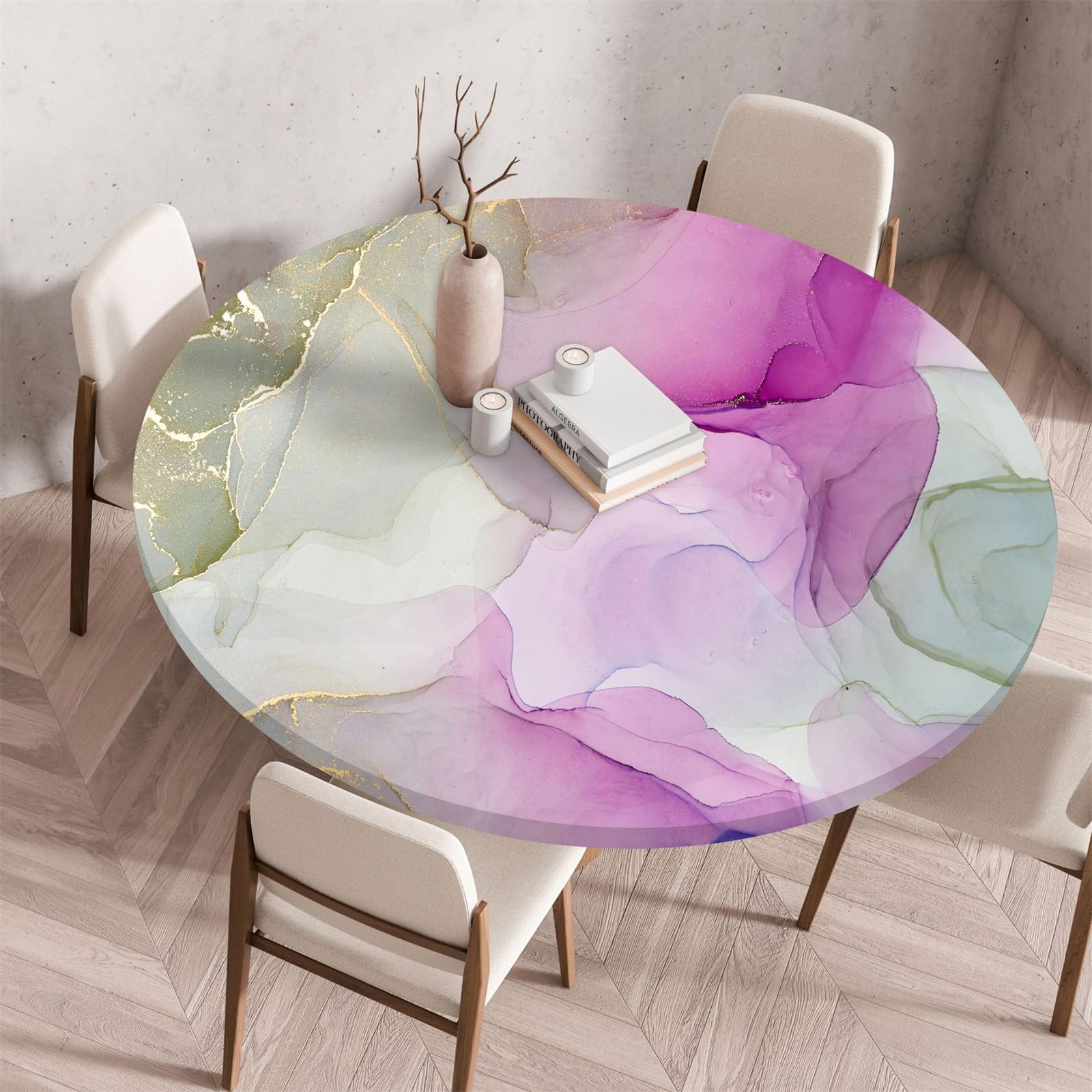 Muiuou Elastic Fitted Round Tablecloth, Marble Printing Tabletop Reusable Waterproof Oil-Proof Round Table Cover Cloth, Fitted Home Decoration Restaurant Kitchen (Diameter 140cm,Marble 12) — image 1