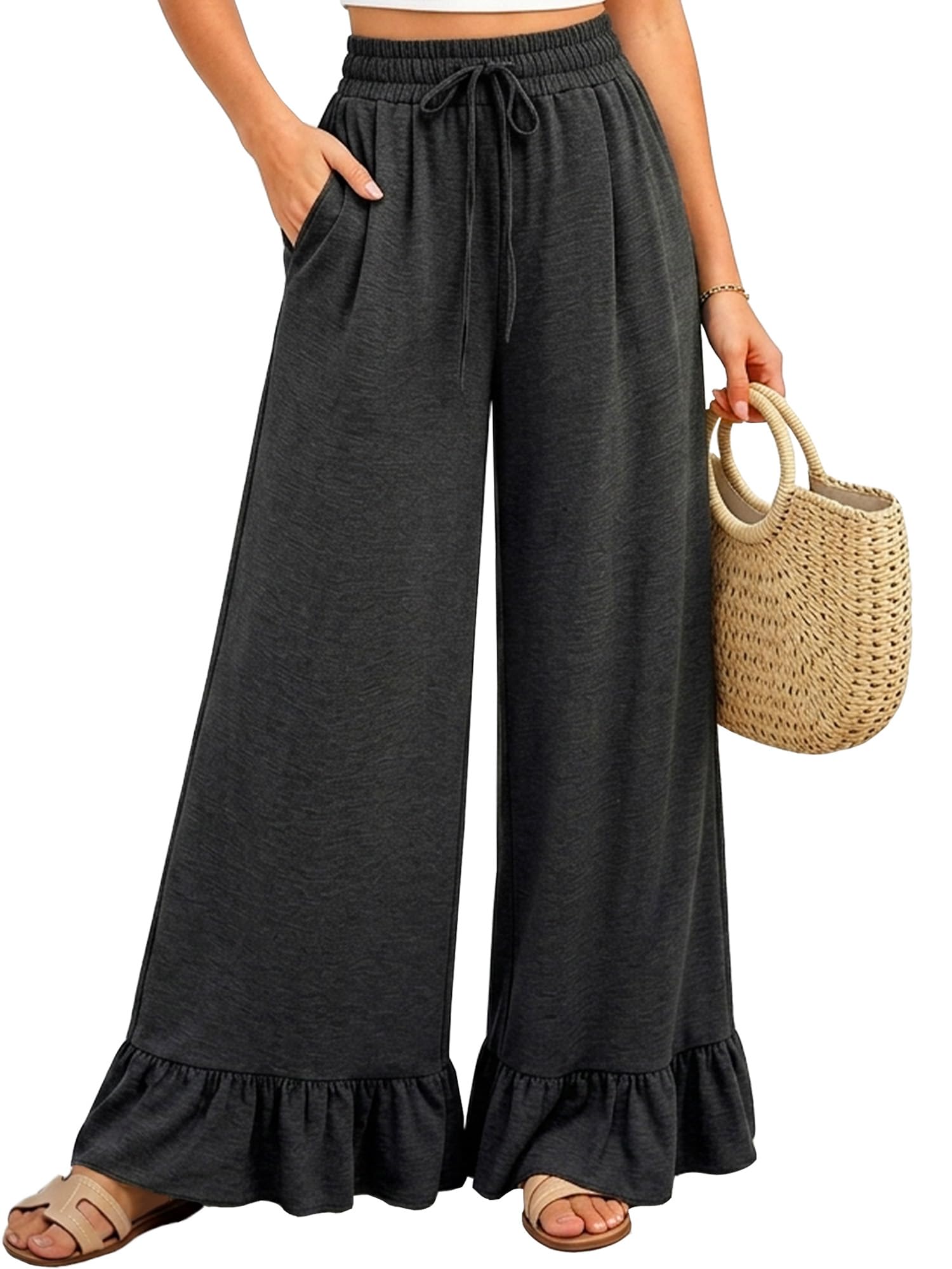 Navneet Pantalones Palazzo Mujer Verano Cintura Alta Volantes Bolsillos Bohemio Playa