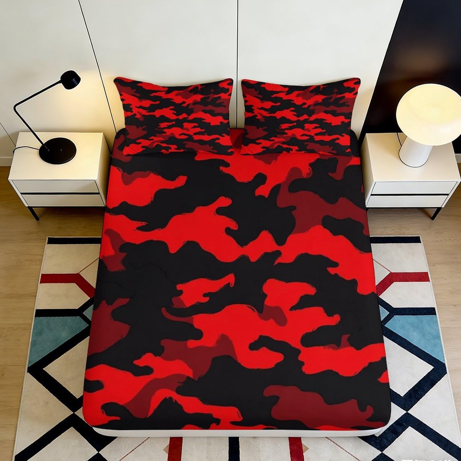 Pnayamiorkfel Style-3 3D Printed Red Camo Fitted Sheet Microfiber Soft Anti-Slip Black Camouflage Mattress Cover For Bedroom Dorm Decor 90X200x25cm