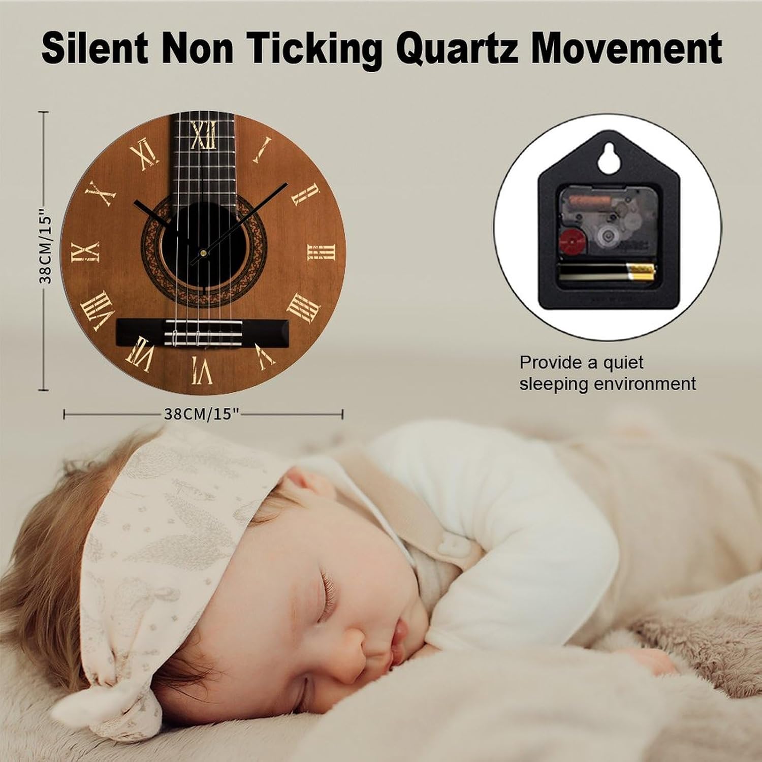 15 Inch PVC Clock Guitar Music Style Round Wall Clock Non-Ticking Quartz Battery Operated Wall Clocks Retro Wall Clock for Bedroom Living Room Kitchen Office