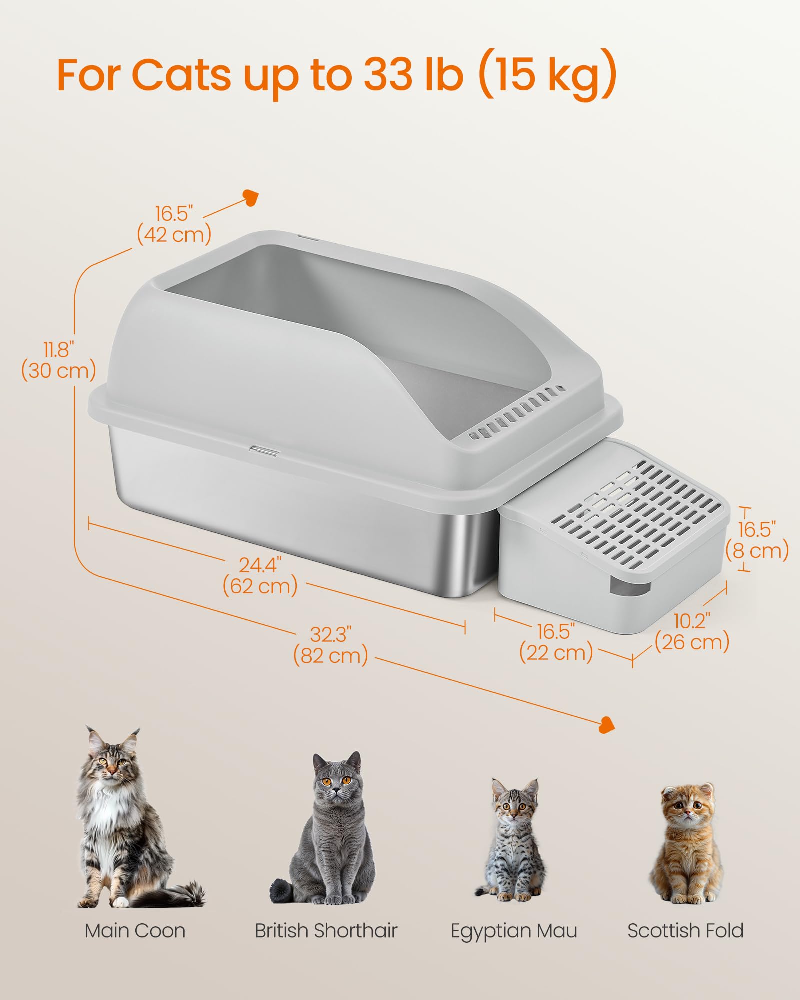 Feandrea 2 Pack Stainless Steel Cat Litter Boxes with Open Top, High Sided Litter Trays with Step, Scoop, Brush, for Cats up to 33 lb, Dove Gray UPPT012GD01 - image 6