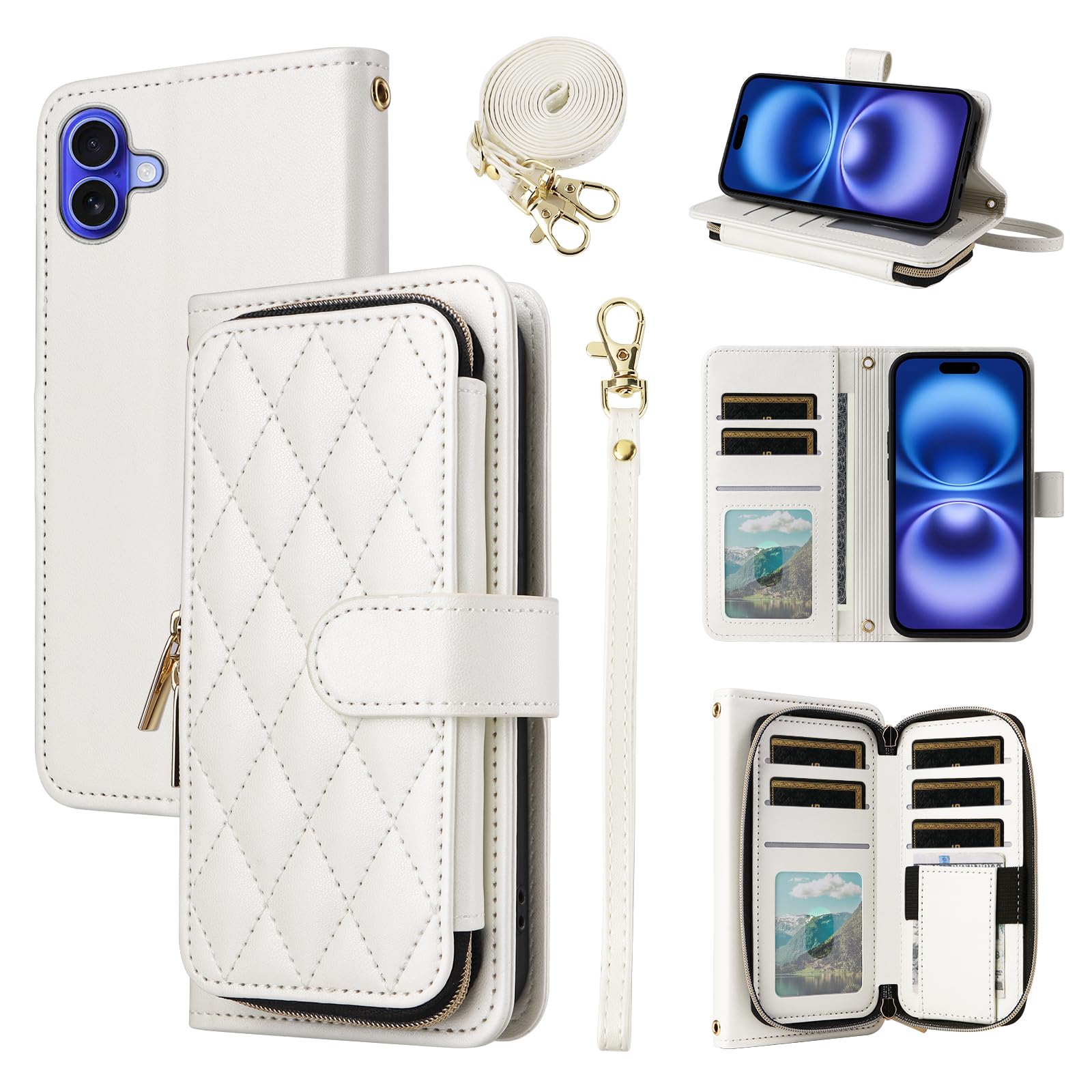 Furiet Argyle Wallet Case Compatible with iPhone 16 Plus 6.7 inch with Wrist Strap Shoulder Strap, 9+ Card Slot Zipper Purse Stand Checkered Cell